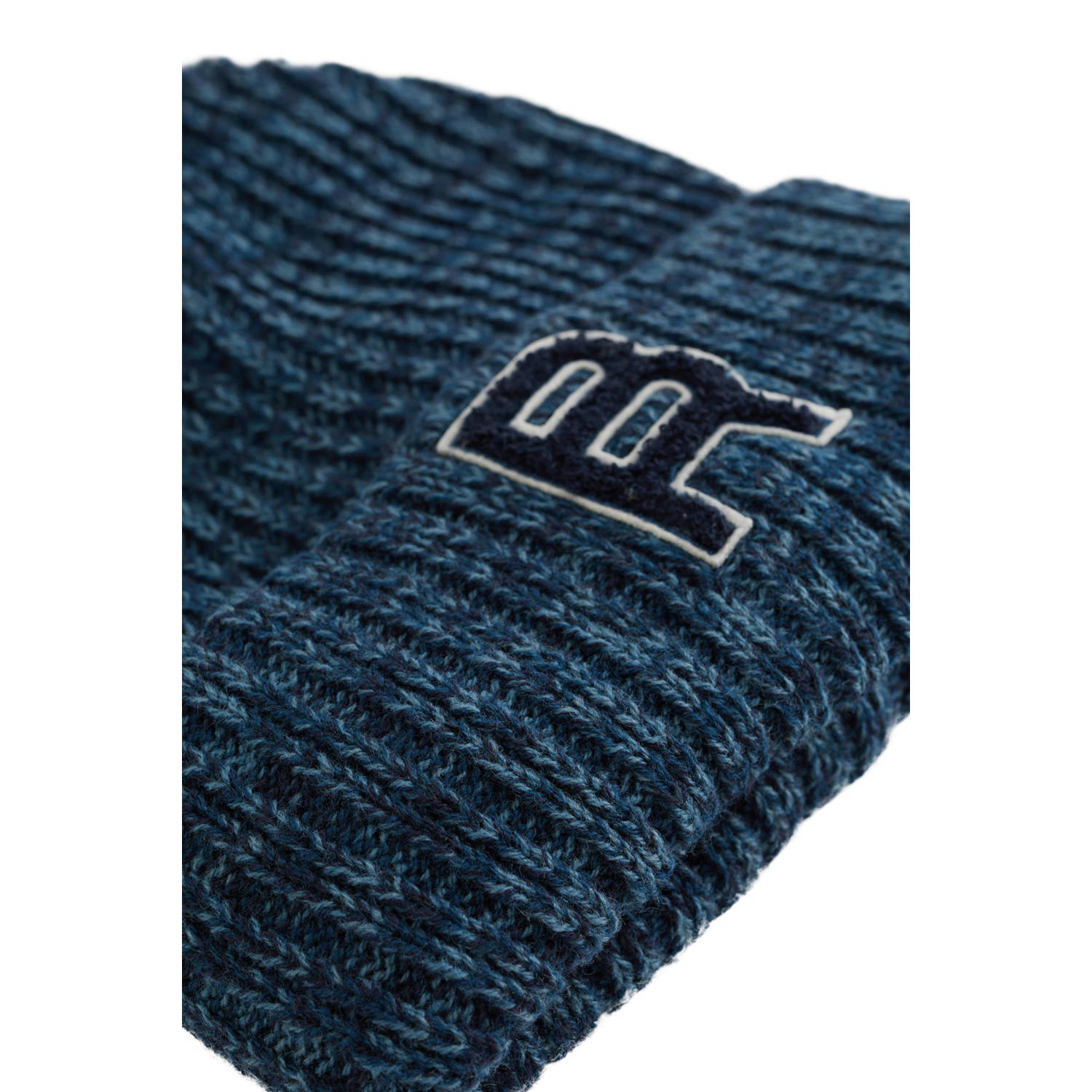 WE Fashion Blue Ridge grofgebreide jongens muts met patches donkerblauw blauw