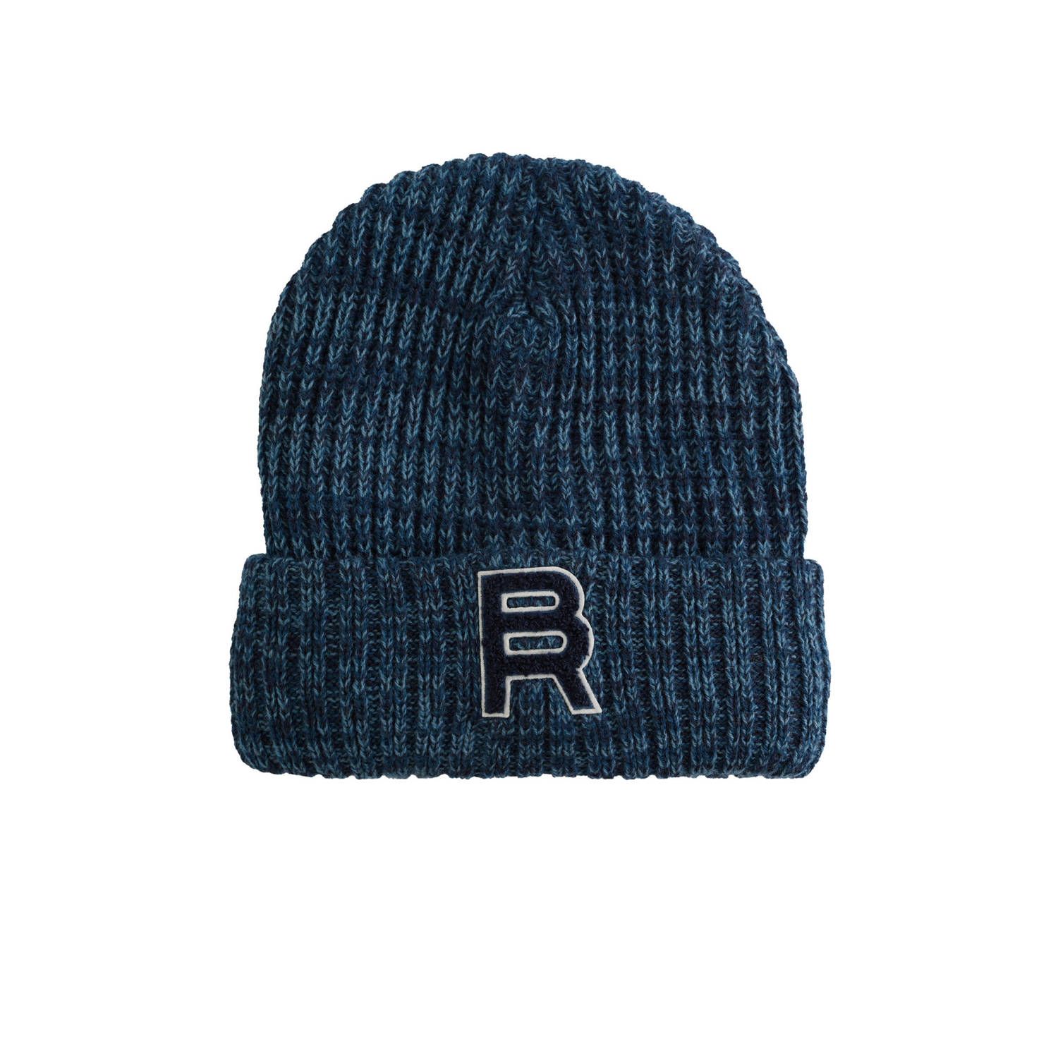 WE Fashion Blue Ridge grofgebreide jongens muts met patches donkerblauw blauw