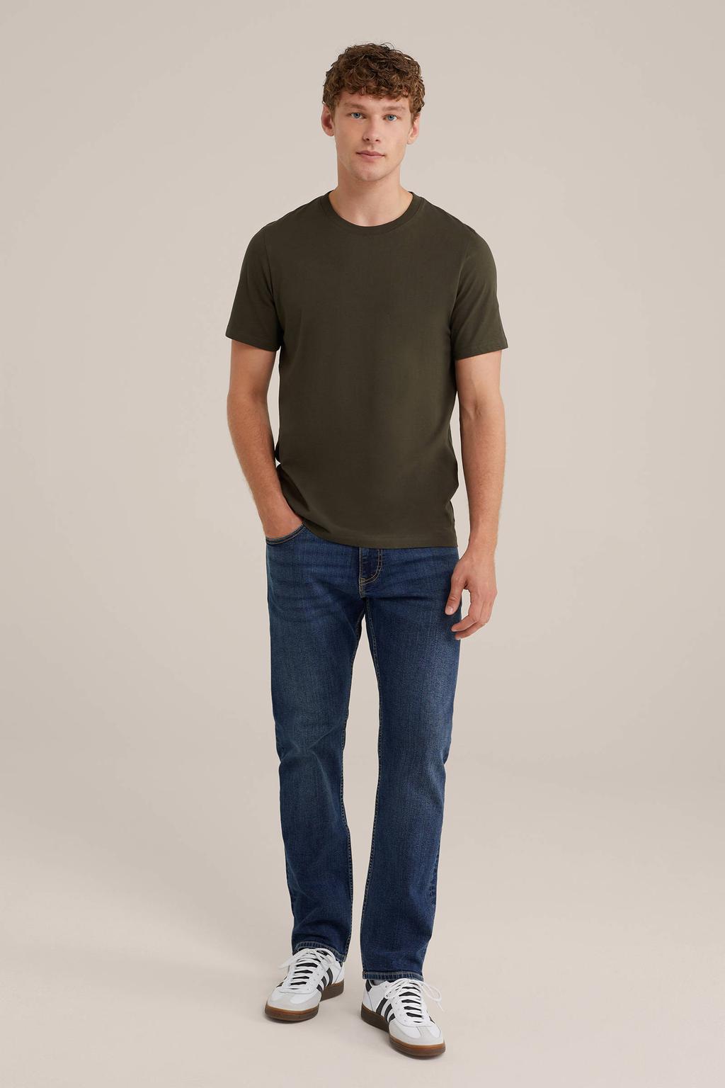 Donkergroene heren WE Fashion T-shirt van katoen met effen, korte mouwen en ronde hals