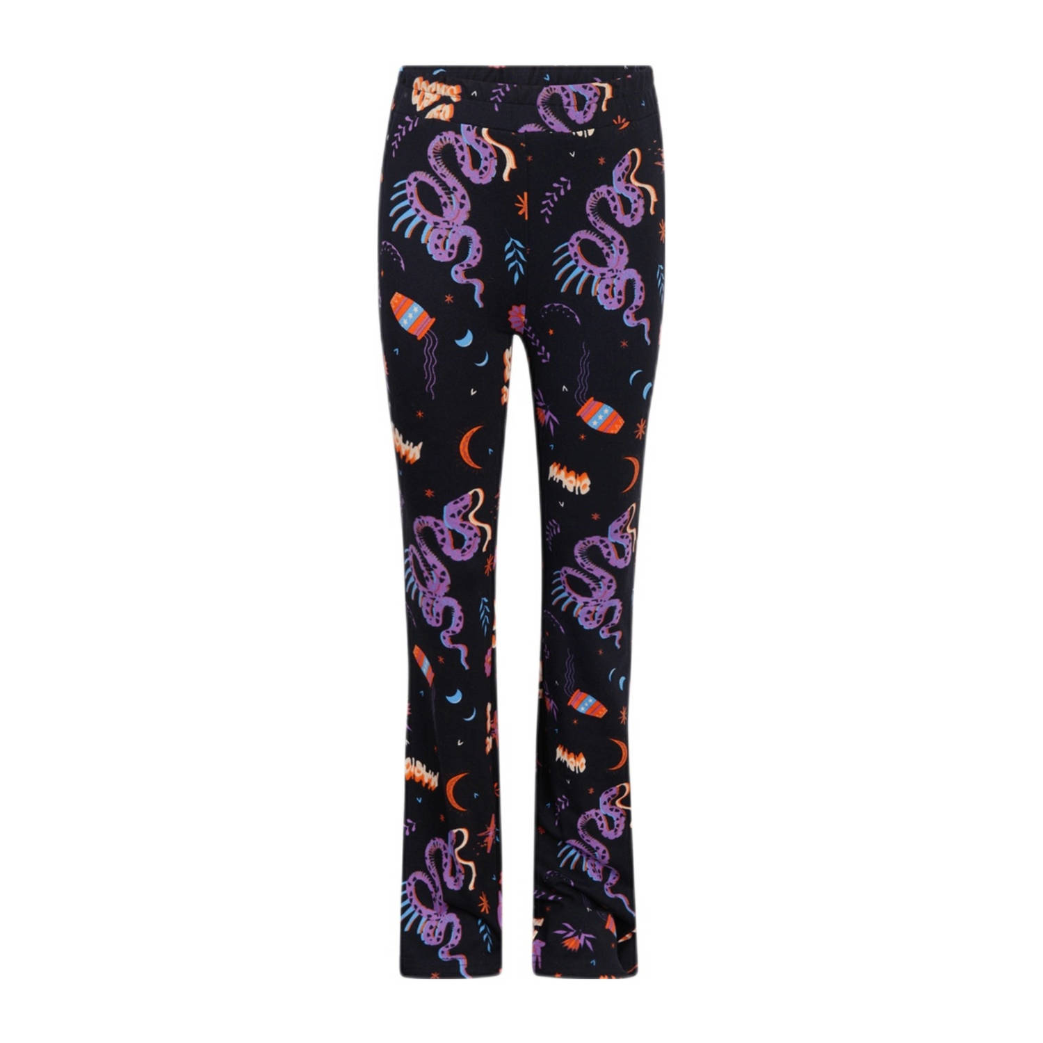 Shoeby high waist flared broek met all over print zwart oranje paars