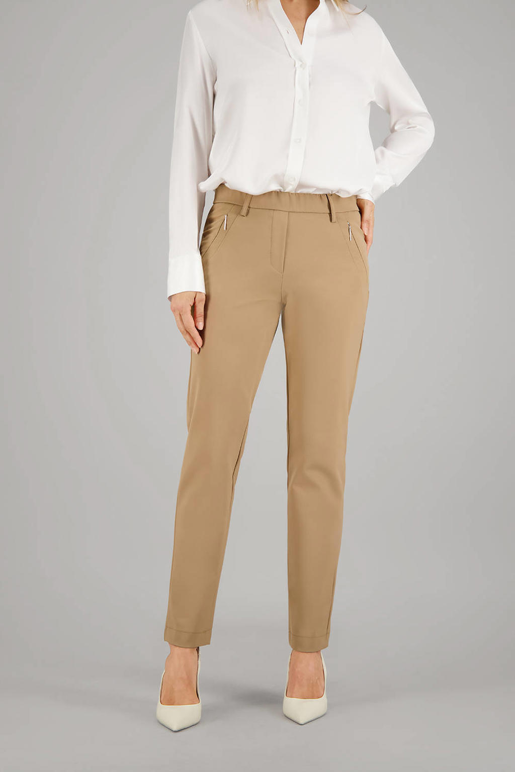 Beige dames gardeur slim fit broek van polyamide met regular waist, elastische tailleband en effen
