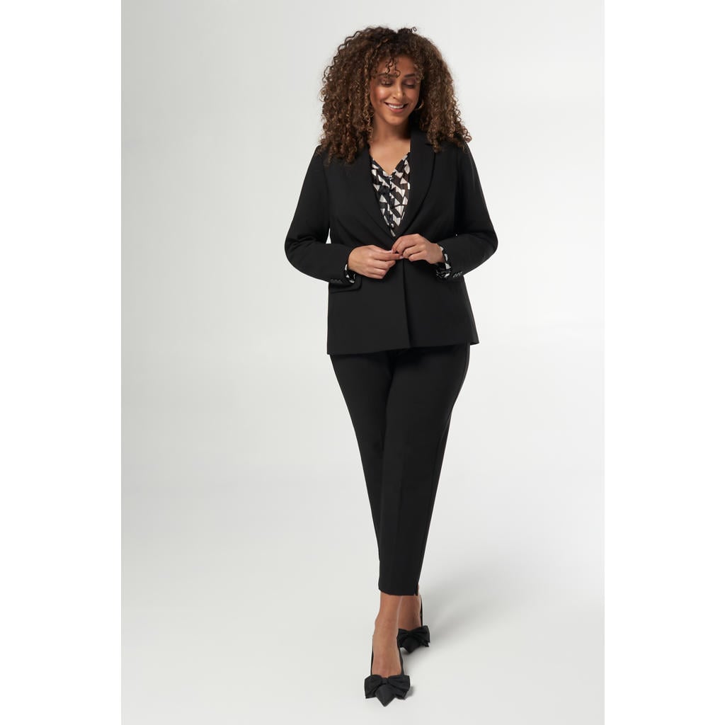 Zwarte dames MS Mode rechtvallende blazer van polyester met effen, lange mouwen, klassieke kraag en knoopsluiting