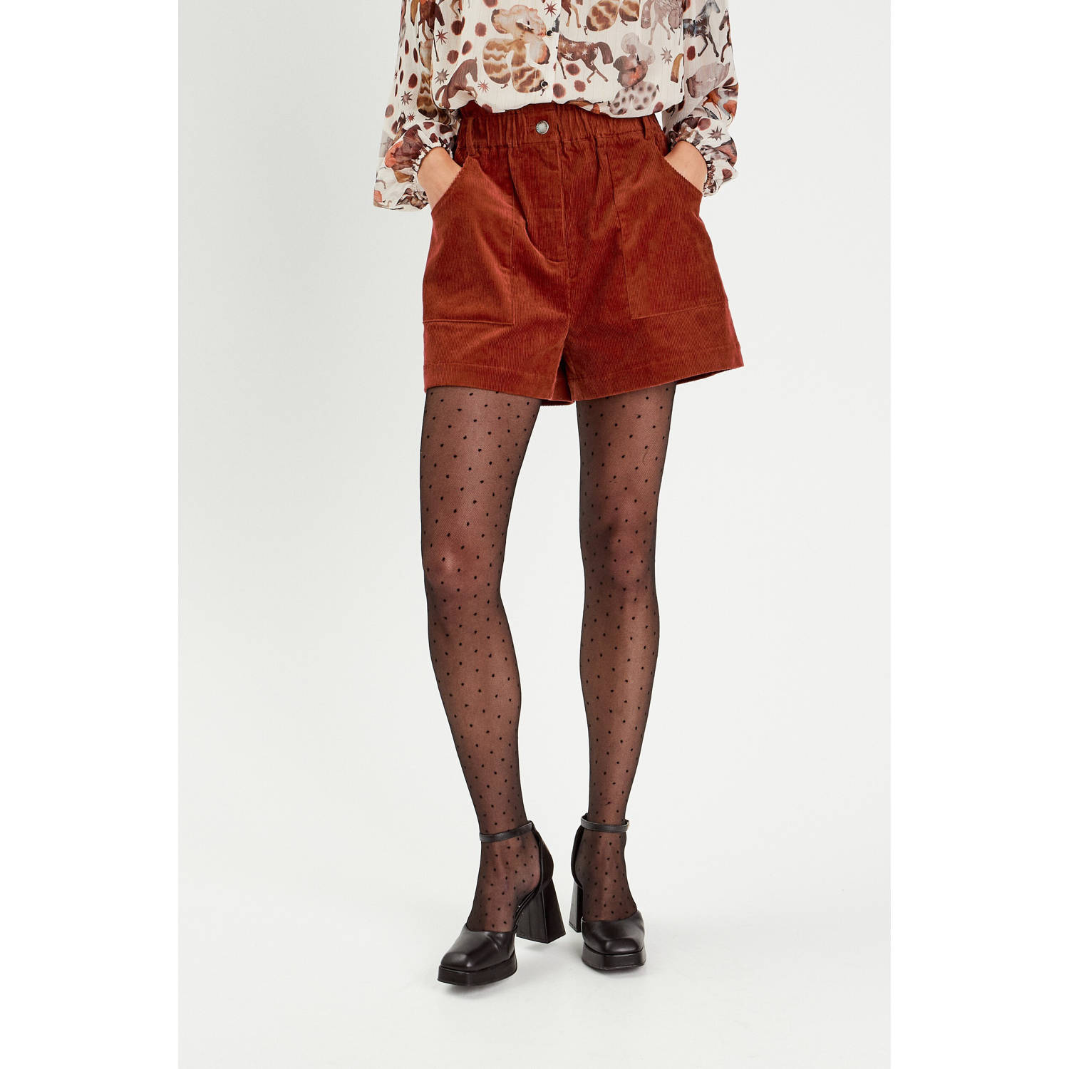 Cache corduroy high waist regular fit short donker oranje