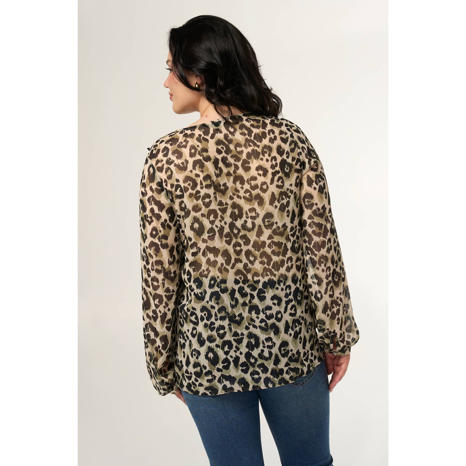 MS Mode blouse met panterprint en volant ecru zwart kaki