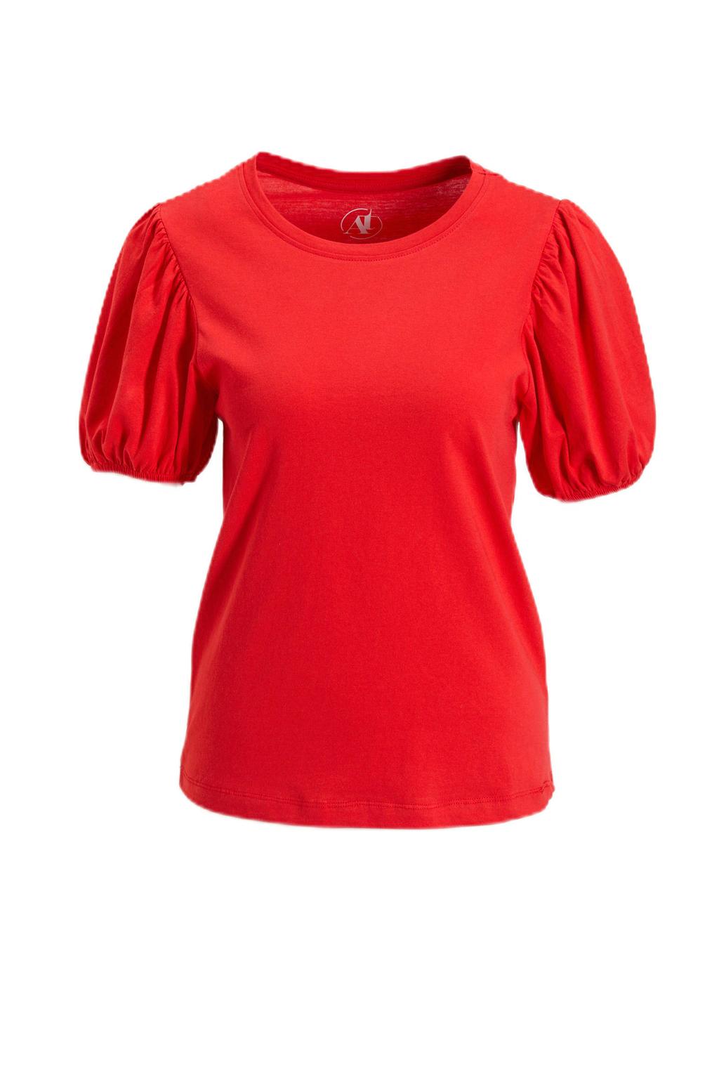 Rode dames Anytime T-shirt van katoen met effen, korte mouwen en ronde hals