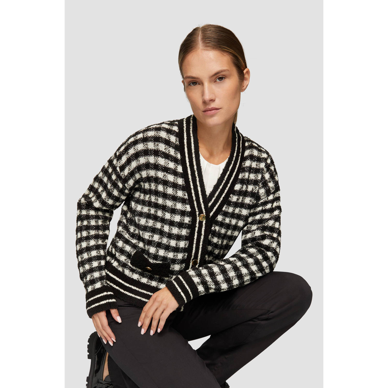 S.Oliver BLACK LABEL Regular fit cardigan van katoenmix met ruitmotief