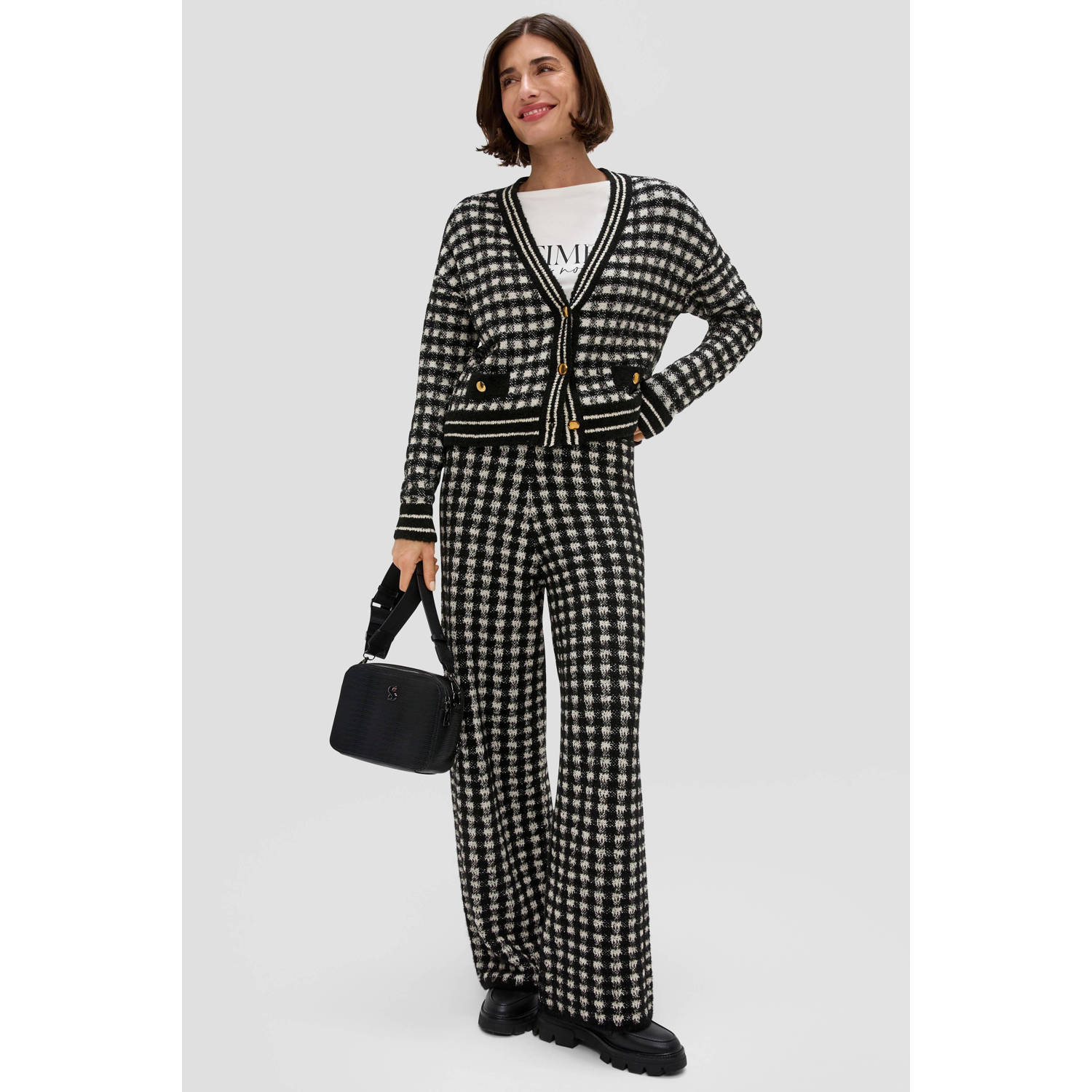 s.Oliver BLACK LABEL straight fit broek met pied-de-poule zwart ecru