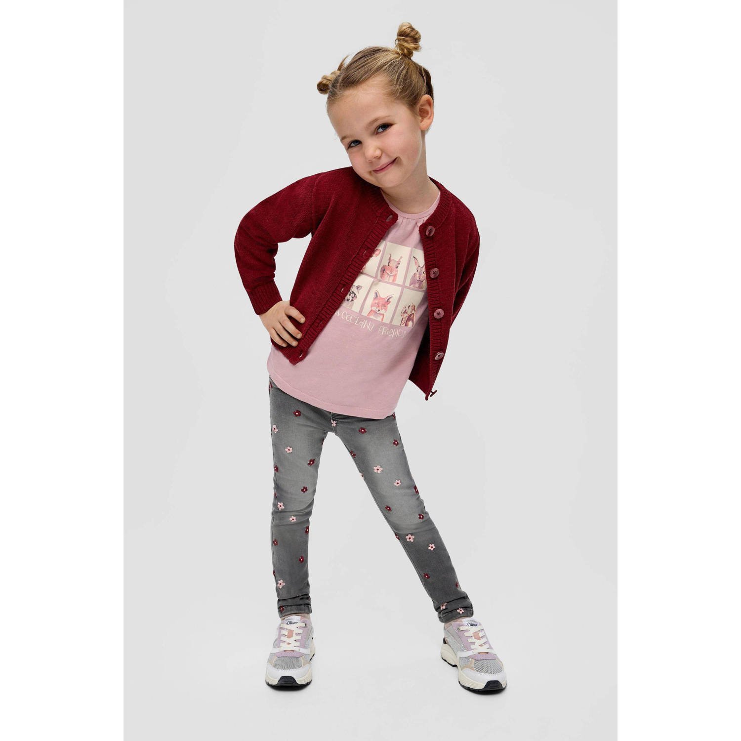 s.Oliver gebloemde skinny jeans grijs roze rood