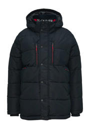 thumbnail: Donkerblauwe heren s.Oliver gewatteerde jas van polyester met effen, lange mouwen, capuchon, rits- en drukknoopsluiting en doorgestikte details