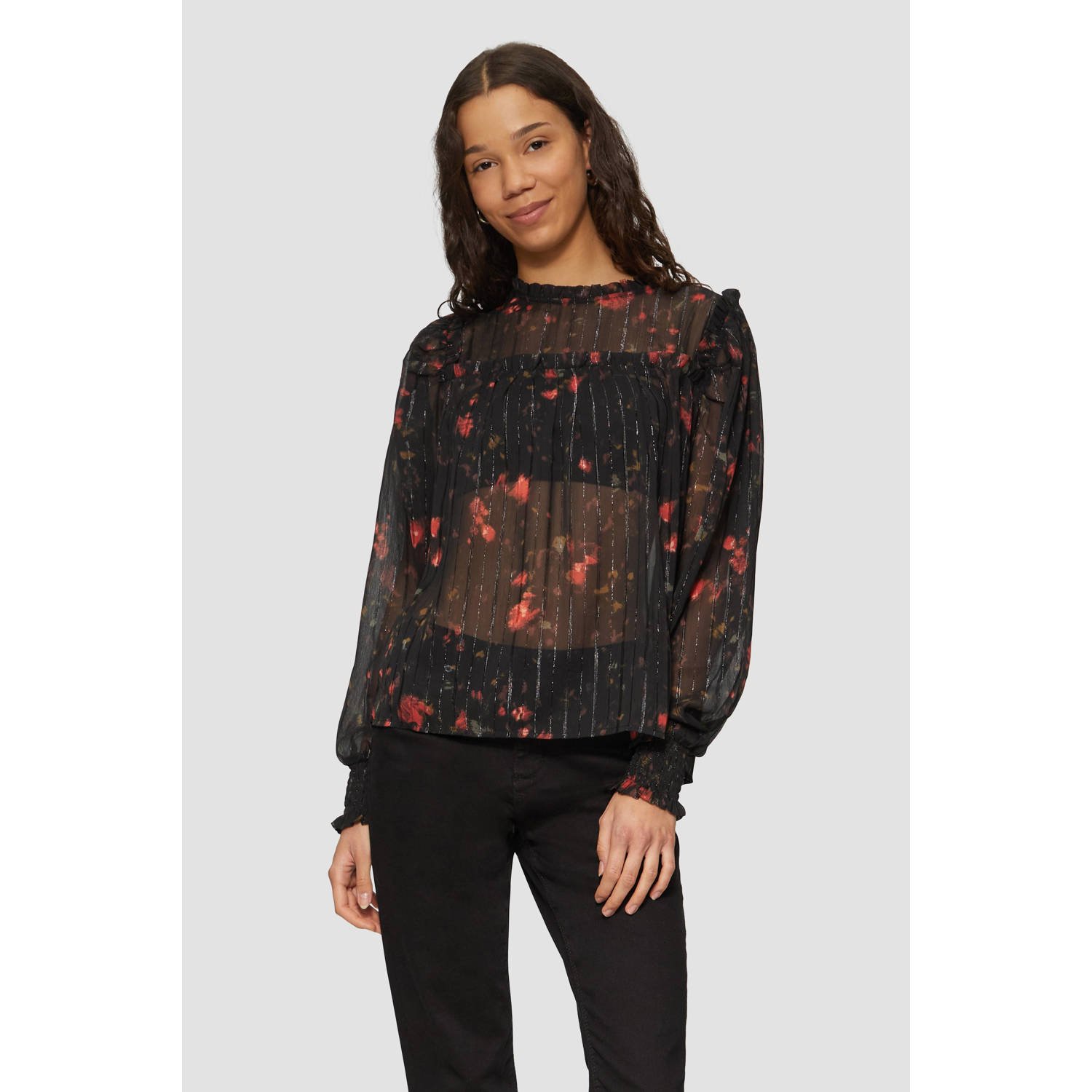Q S by s.Oliver semi-transparante blouse met all over print zwart rood
