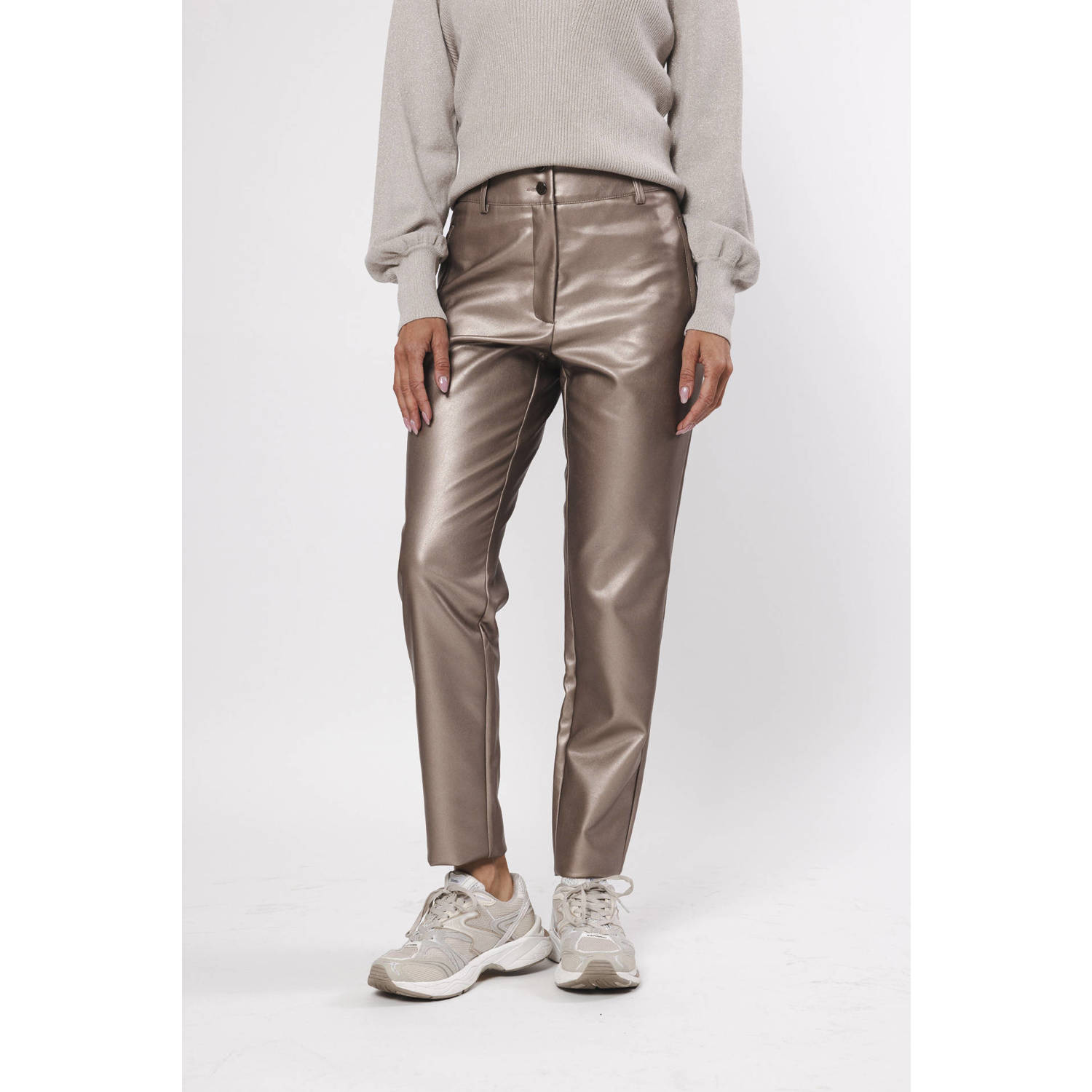 Poools coated high waist regular fit broek taupe