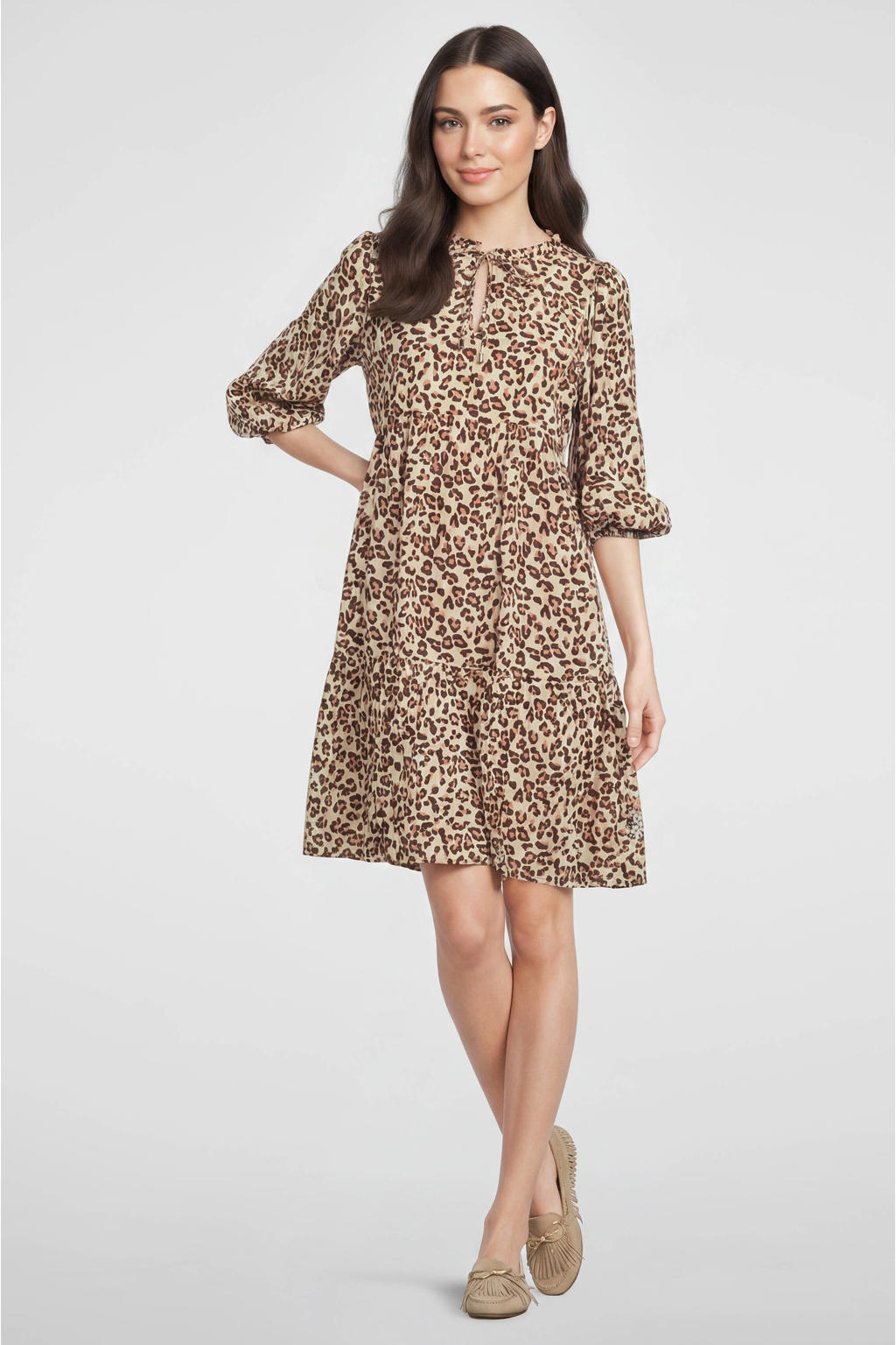 Beige en zwarte dames Anytime crinkle midi jurk van polyester met driekwart mouwen en V-hals