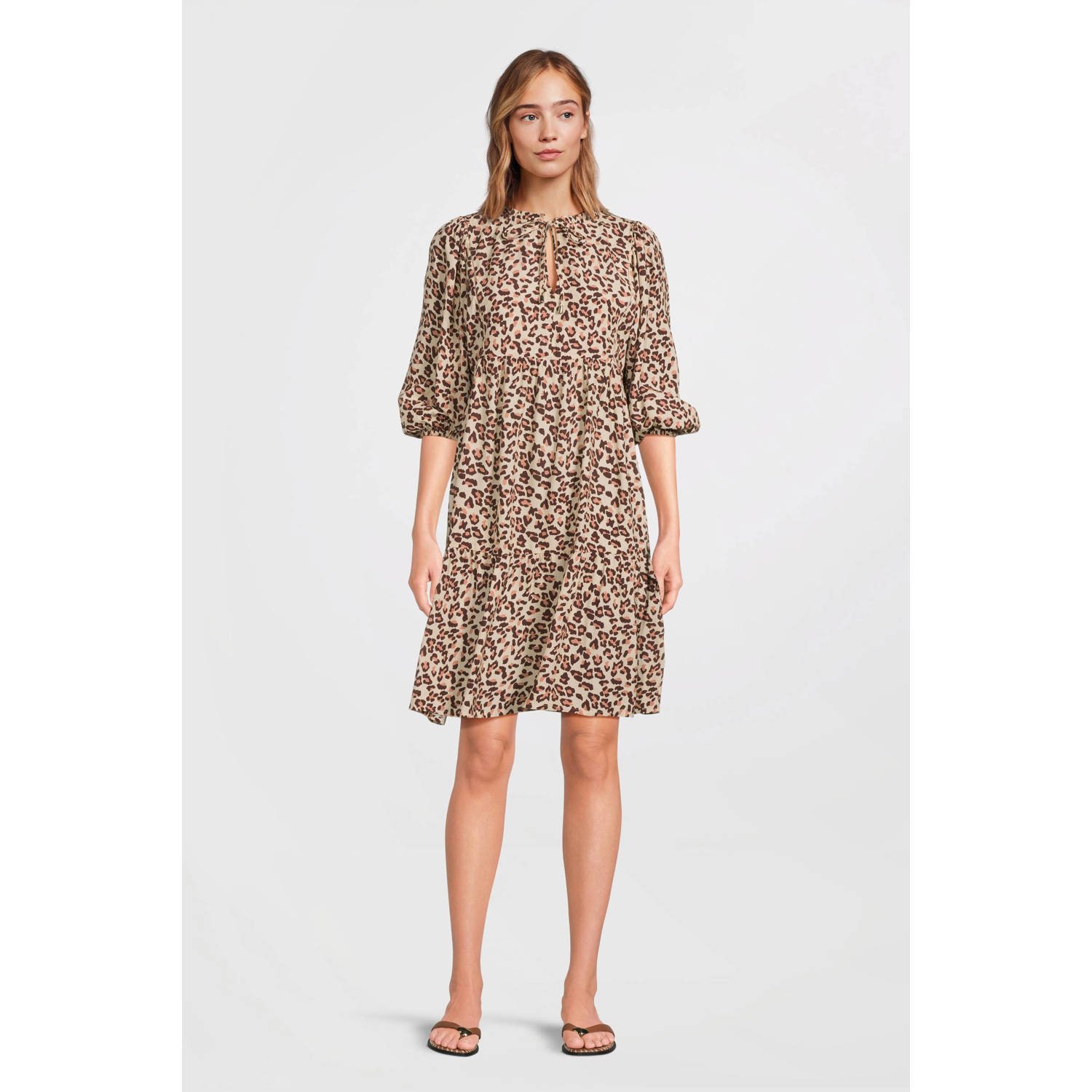 Anytime midi jurk met V-hals panterprint