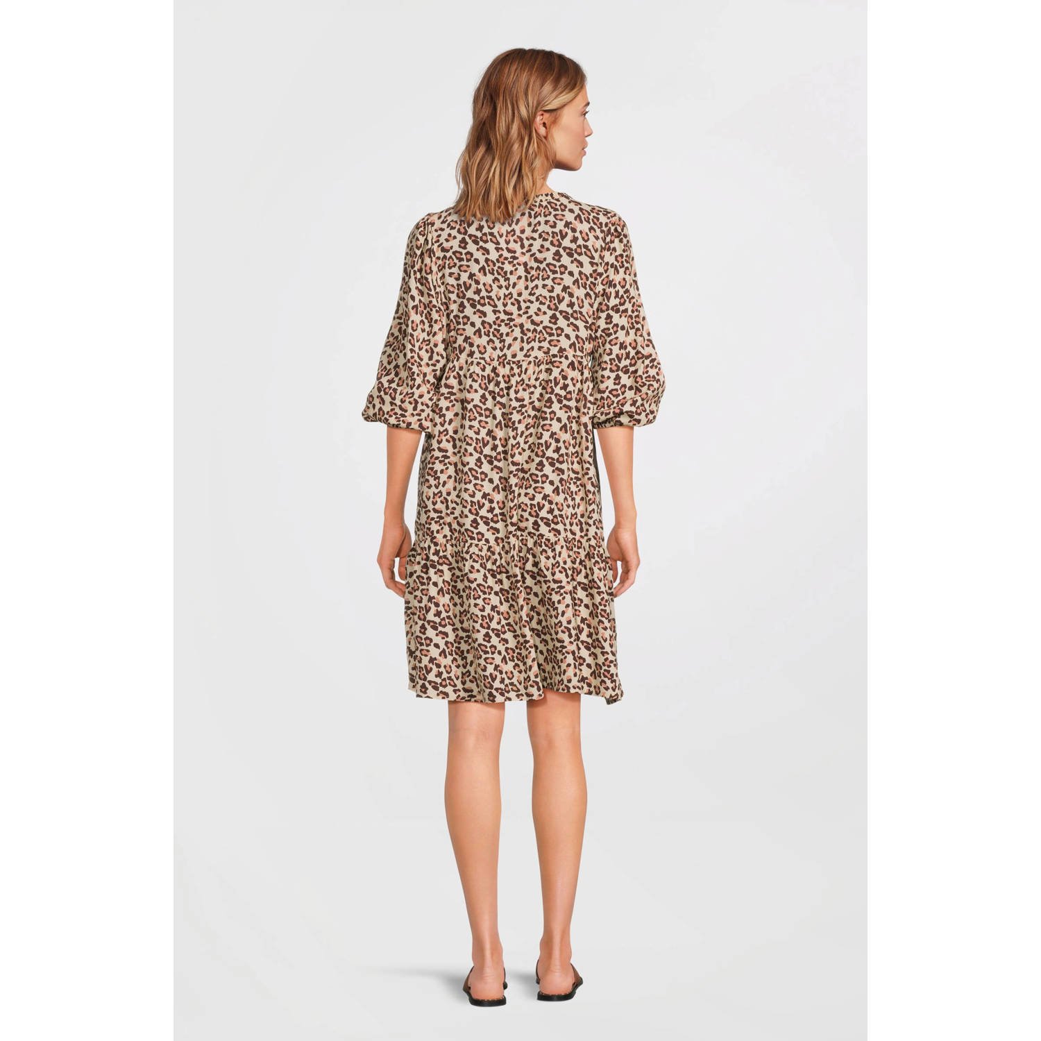 anytime midi jurk met V-hals panterprint