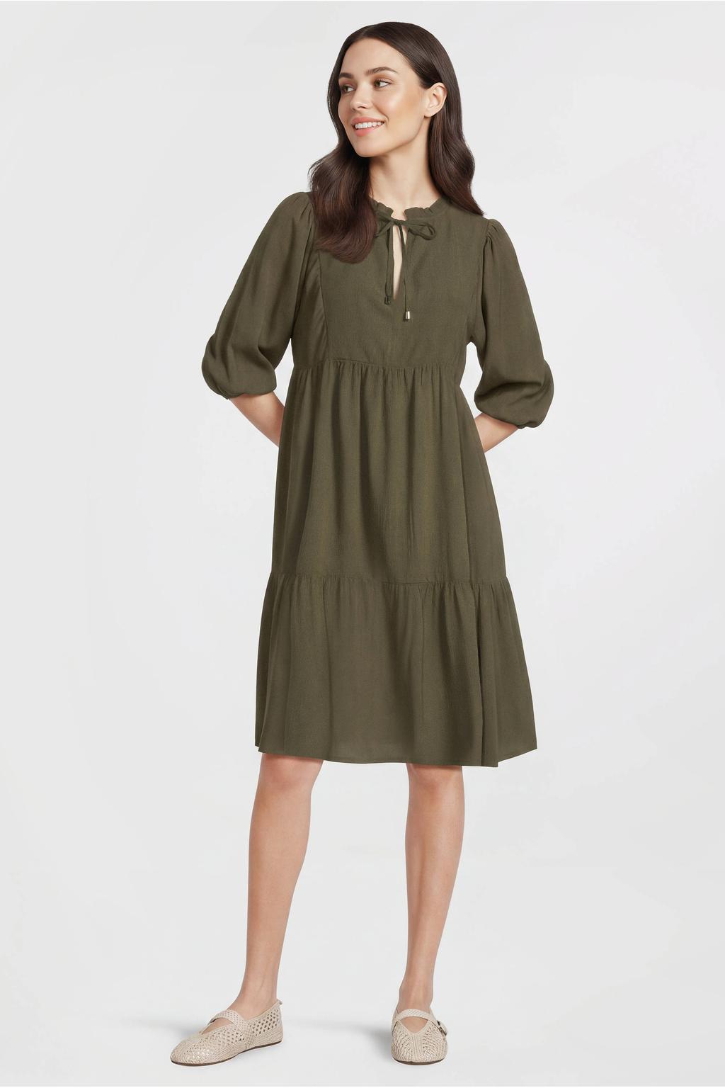Kakikleurige dames Anytime crinkle midi jurk van polyester met effen, driekwart mouwen en V-hals