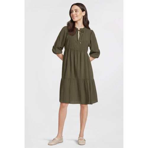 Anytime crinkle midi jurk met V-hals khaki