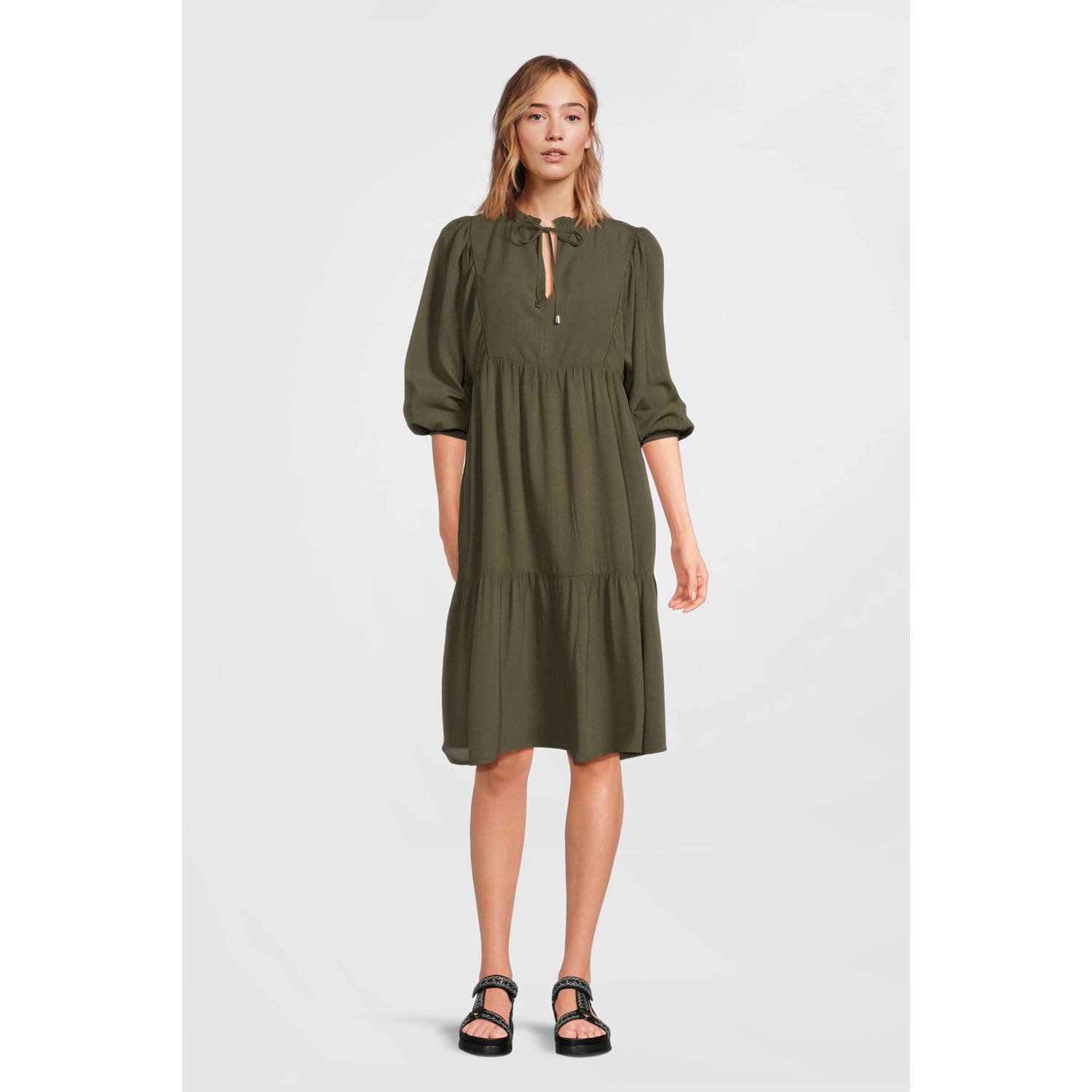 Anytime midi jurk met V-hals khaki