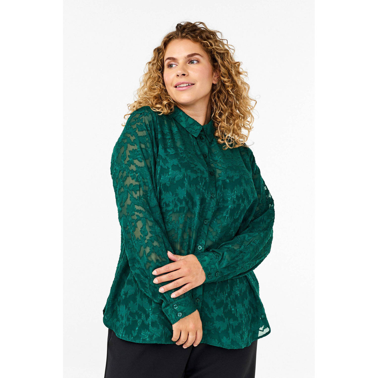 Zizzi semi-transparante blouse met all over print donkergroen