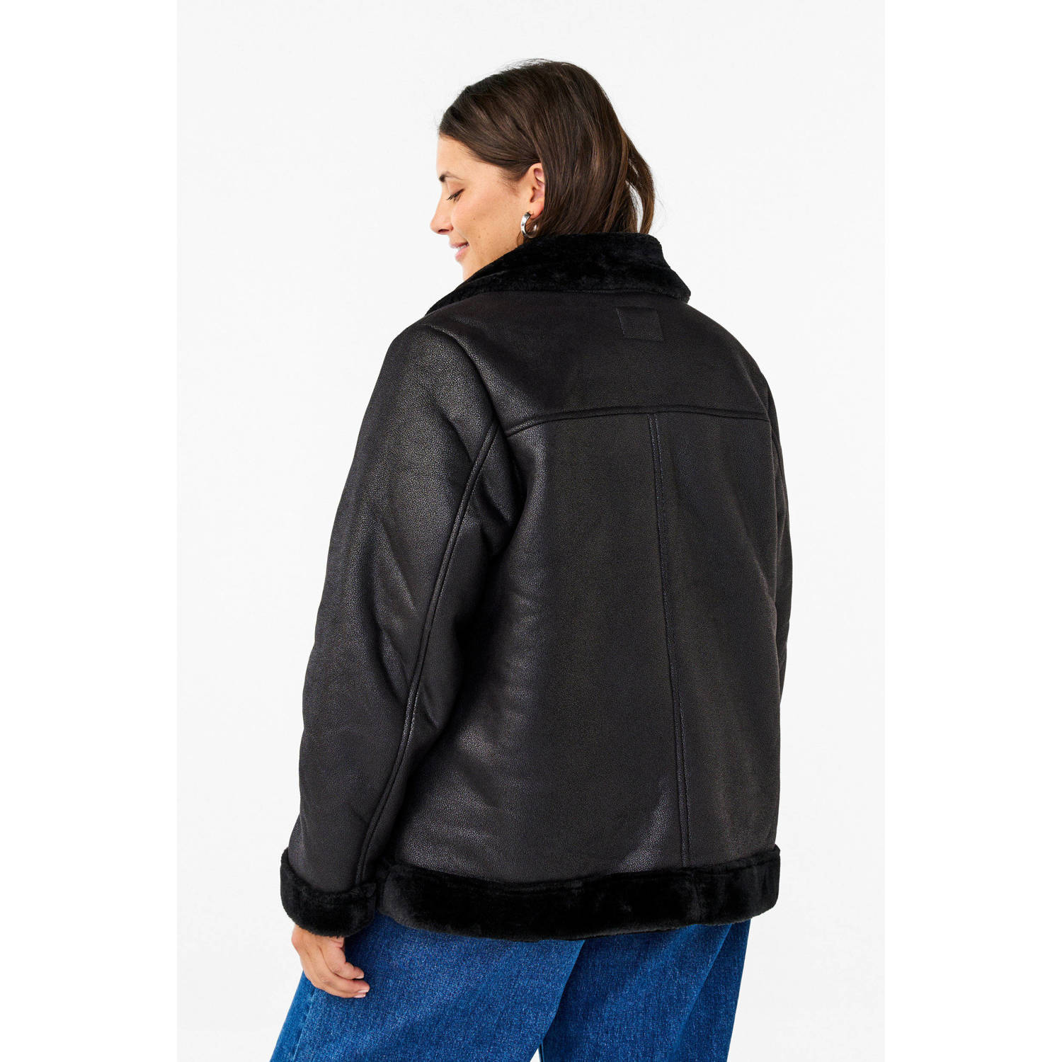 Zizzi imitatieleren lammy coat winterjas zwart