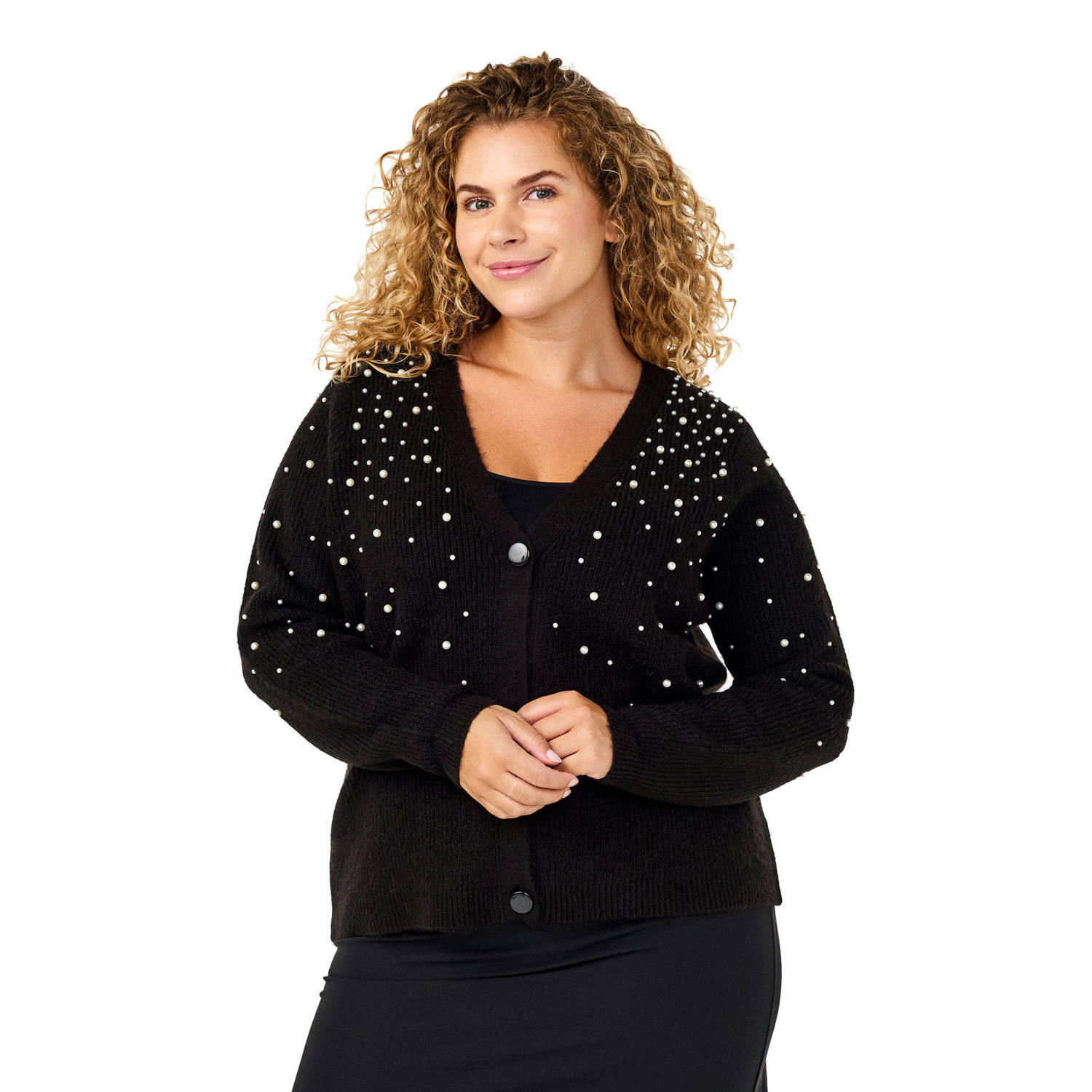 Zizzi gebreid vest met parels zwart