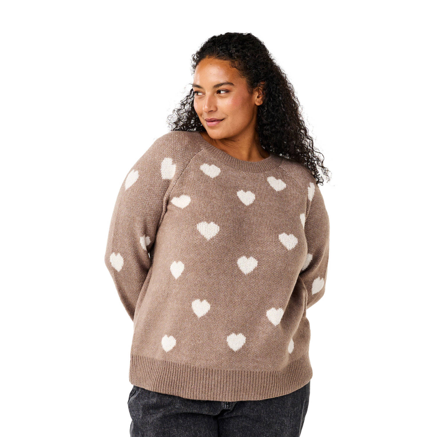 Zizzi gebreide trui met hartjes beige wit