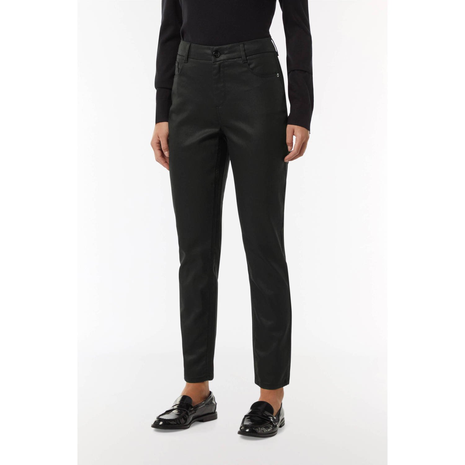 Comma coated slim fit broek zwart