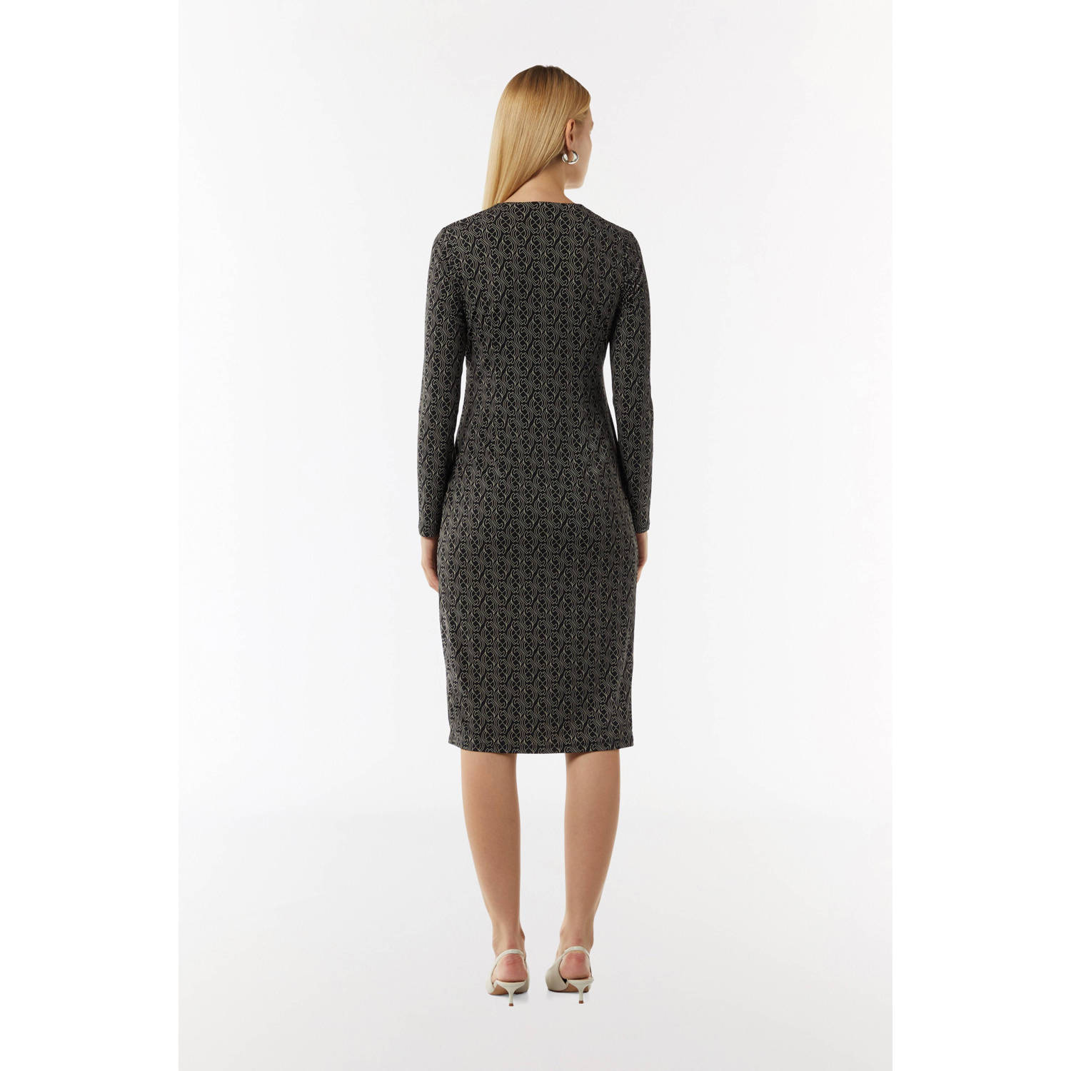 comma jurk met all over print en plooien zwart wit