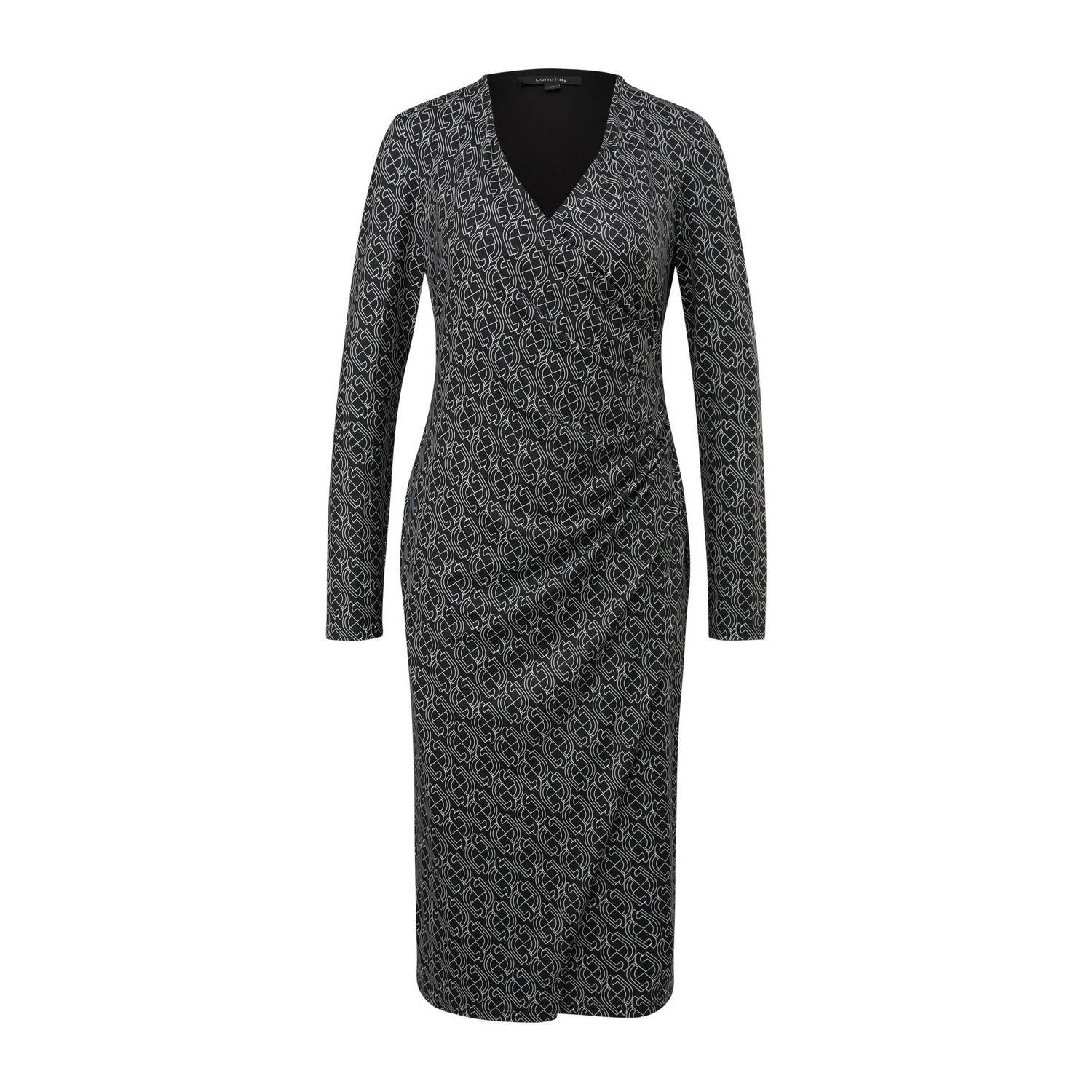 Comma jurk met all over print en plooien zwart wit