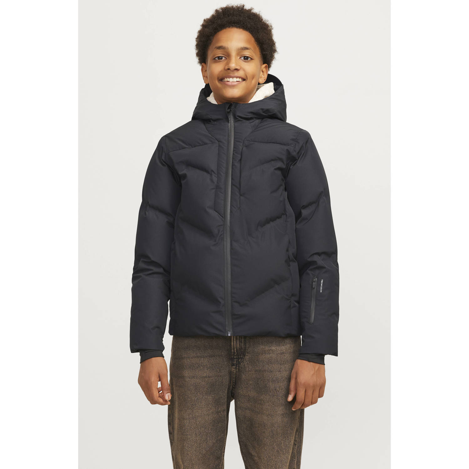 JACK & JONES JUNIOR gewatteerde winterjas JCOSLAY HEAT zwart