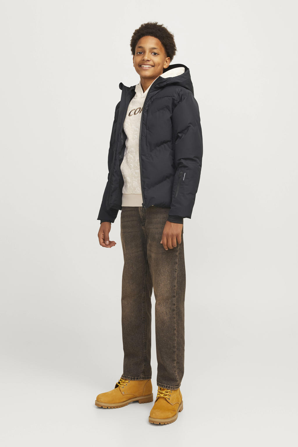 JACK & JONES JUNIOR gewatteerde winterjas JCOSLAY HEAT zwart