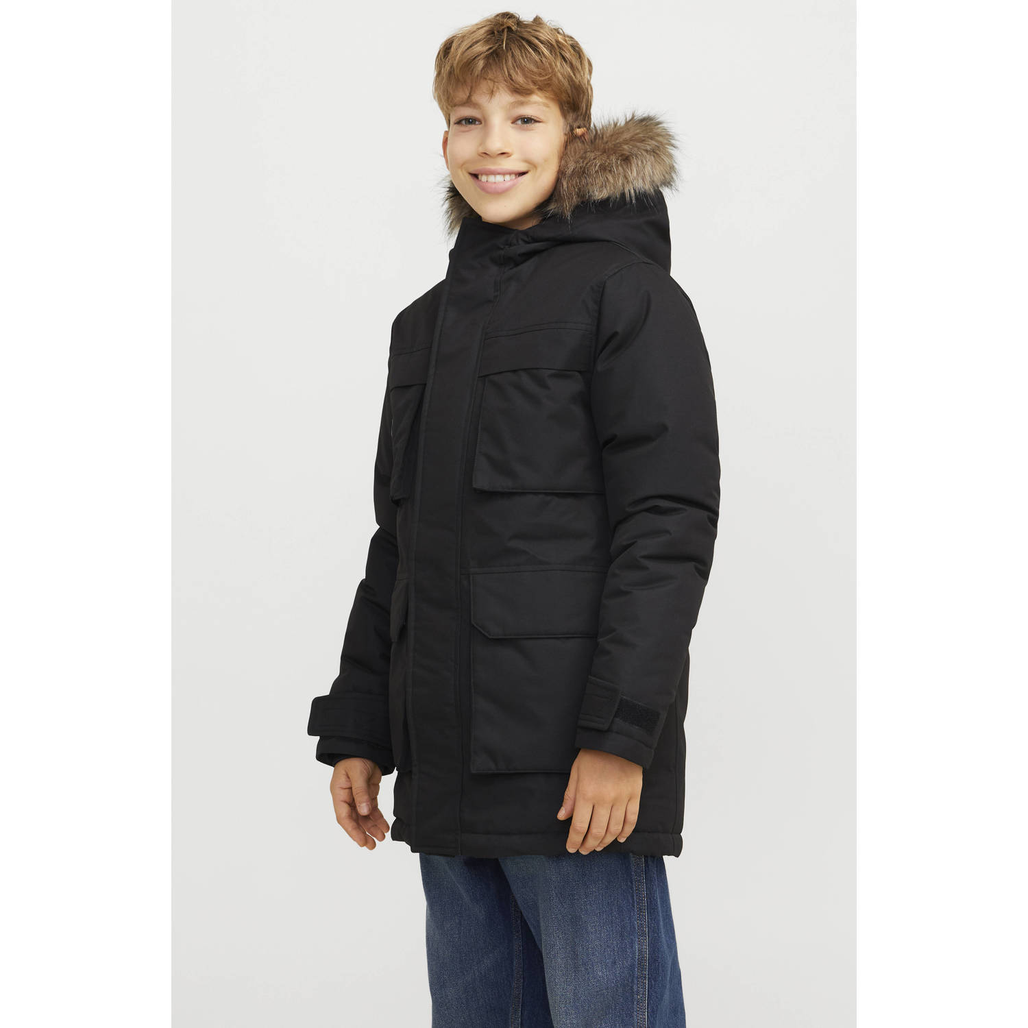 JACK & JONES JUNIOR gewatteerde winterjas zwart