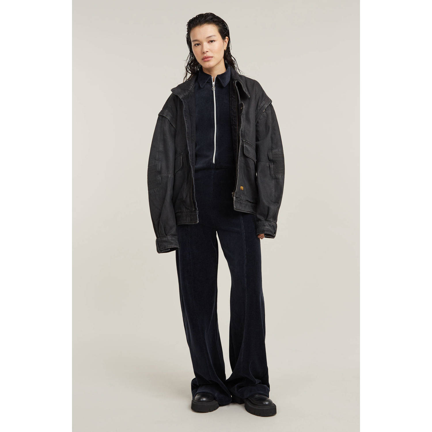 G-Star RAW Wide Leg Velvet Jumpsuit Donkerblauw Dames