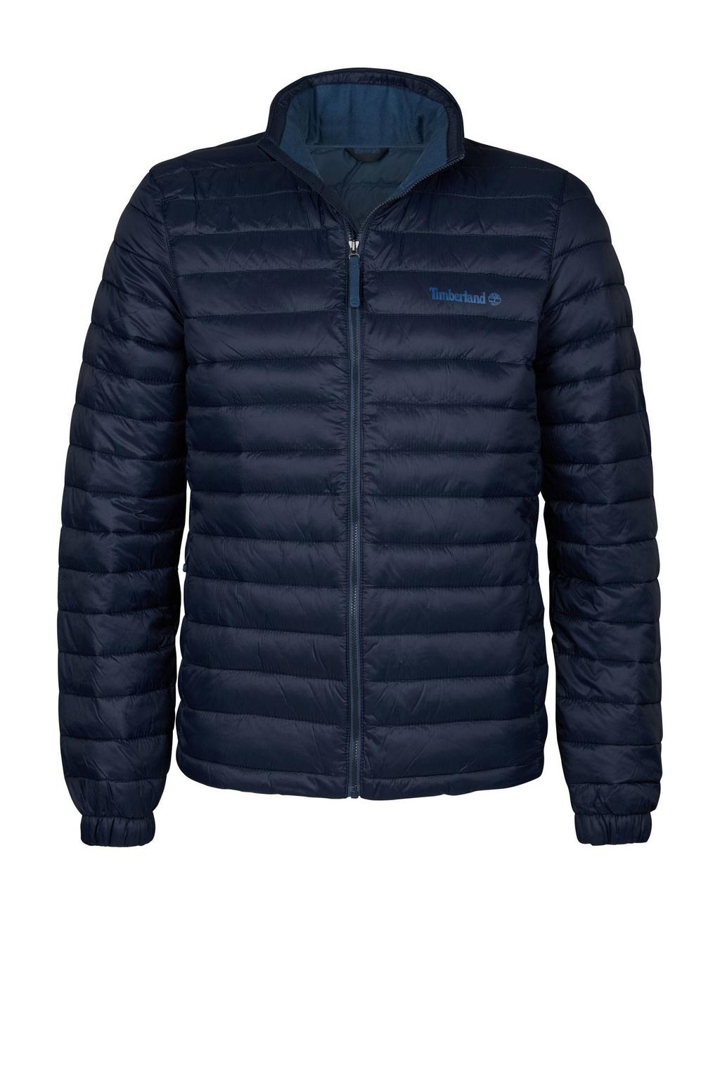 Donkerblauwe heren Timberland gewatteerde tussenjas van polyester met effen, lange mouwen, opstaande kraag, ritssluiting en doorgestikte details
