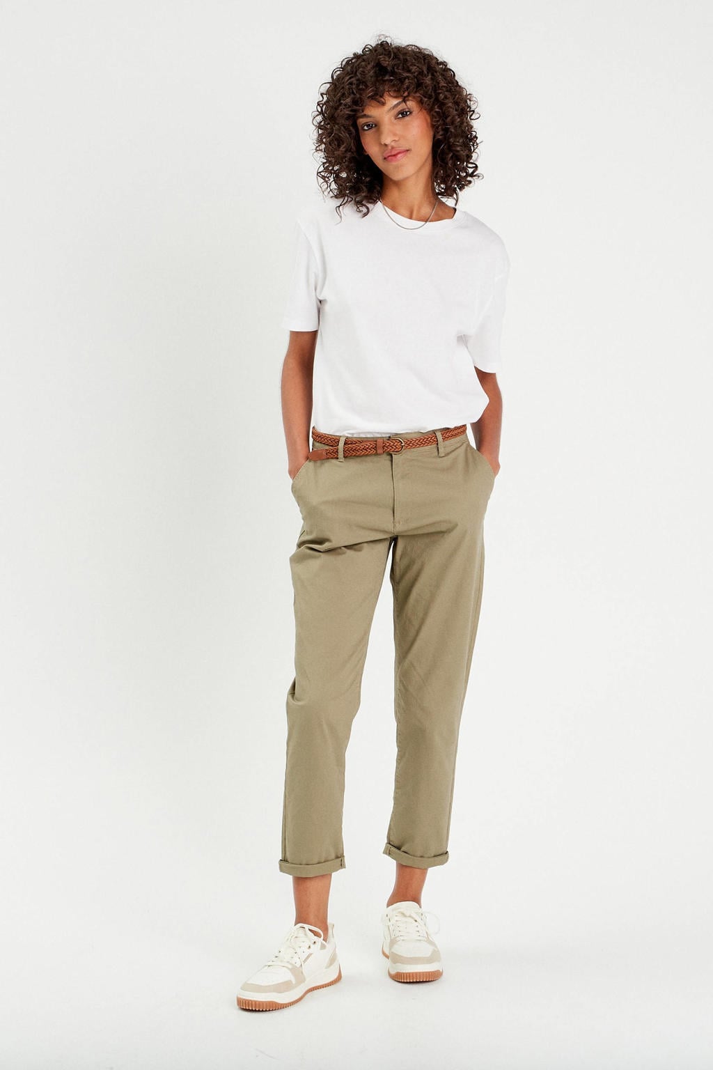 Kakikleurige dames Cache Cache cropped regular fit chino van katoen met effen