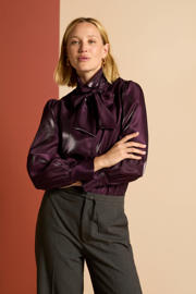 thumbnail: Donkerpaars en rode dames VILA blouse van polyester met effen, lange mouwen, klassieke kraag en knoopsluiting