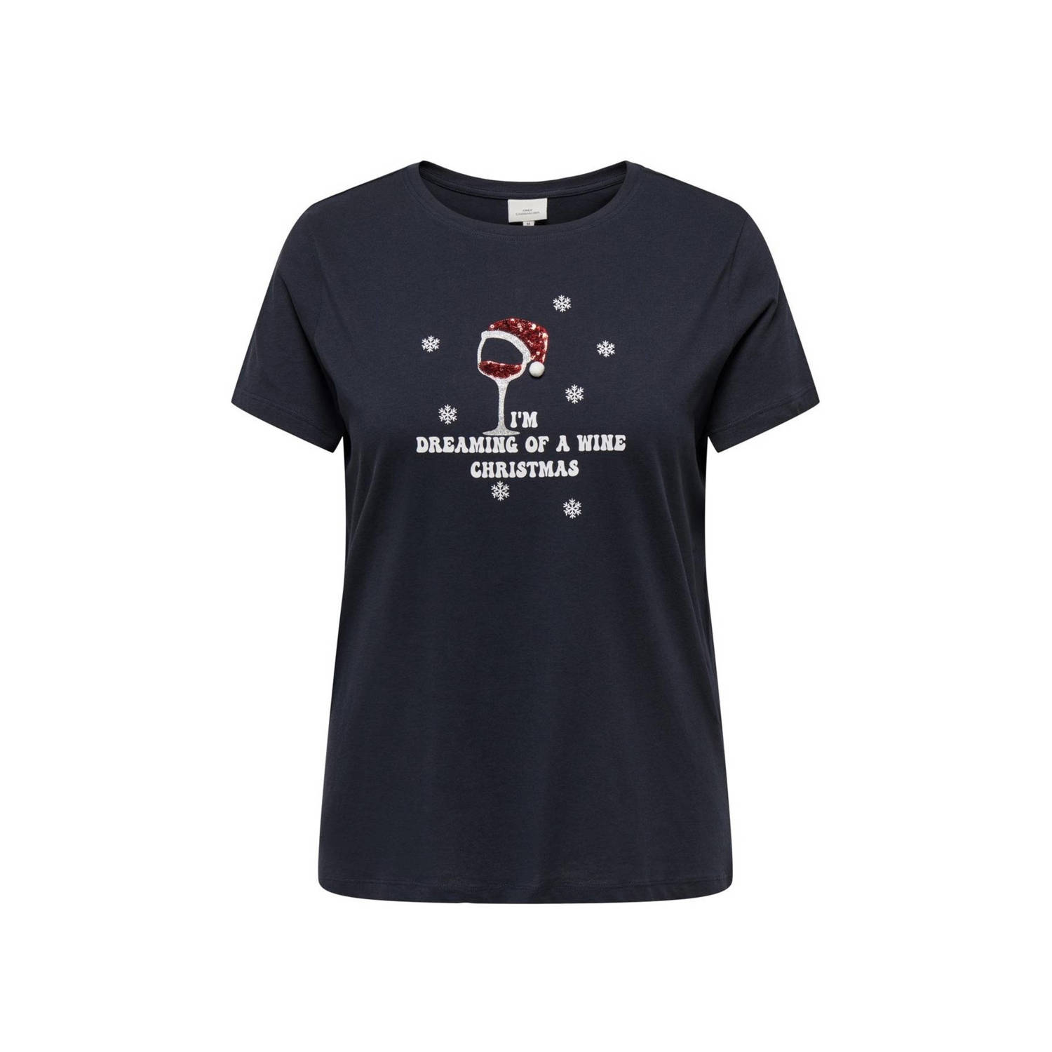ONLY CARMAKOMA T-shirt CARXMAS met printopdruk en pailletten donkerblauw