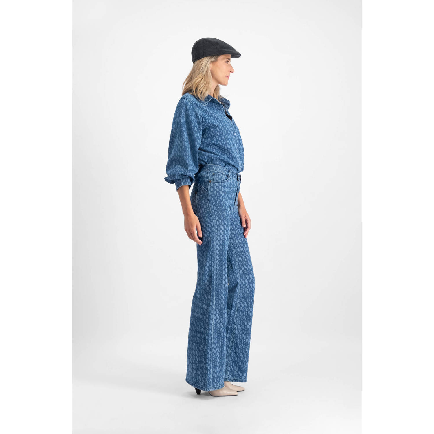 Florez flared jeans Ana met printopdruk medium blue denim