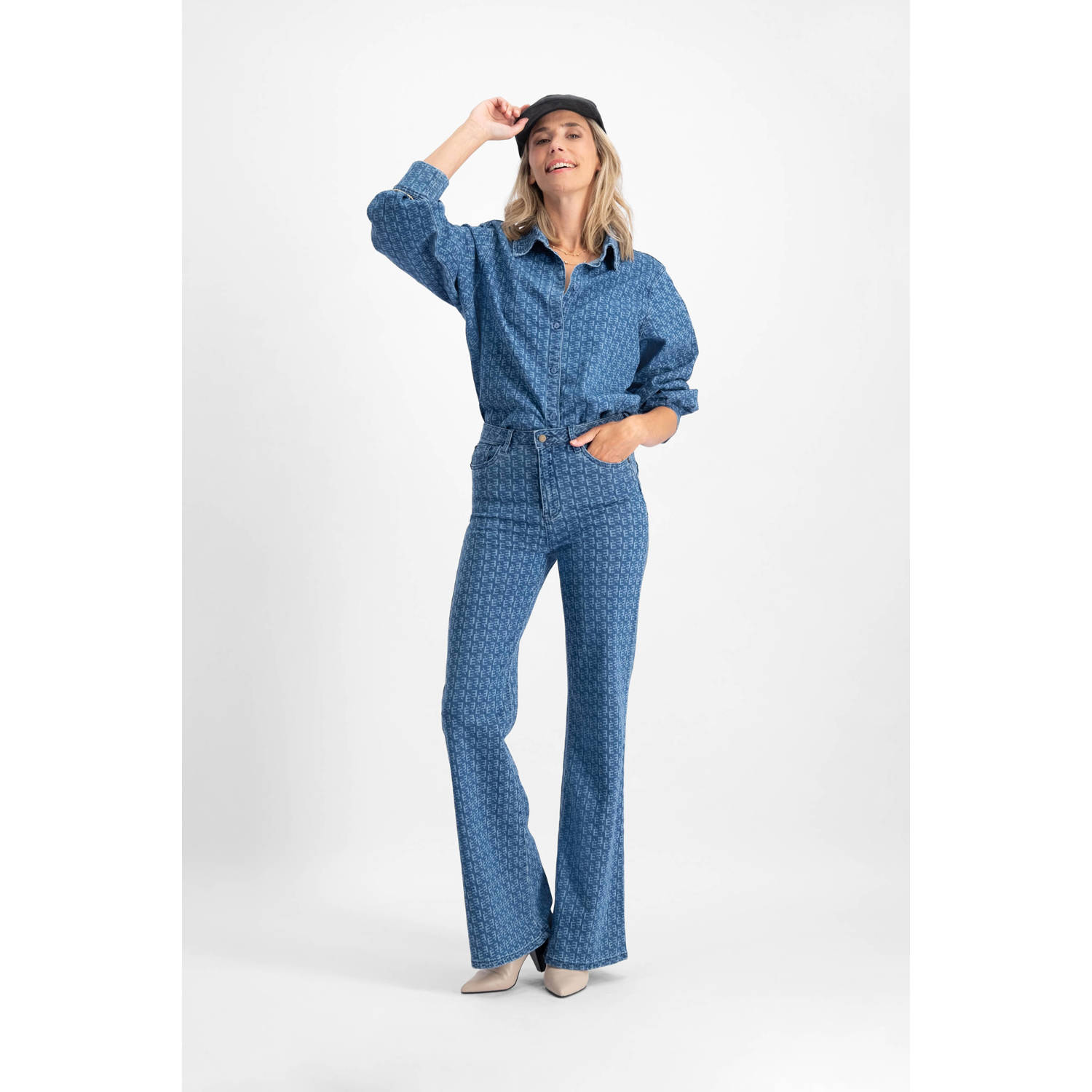 Florez flared jeans Ana met printopdruk medium blue denim