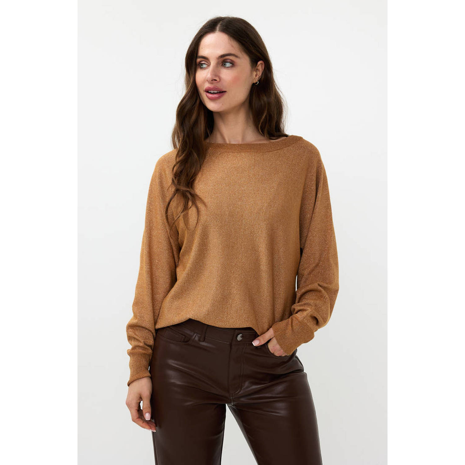 Esqualo Batwing Lurex Trui Karamel Brown Dames