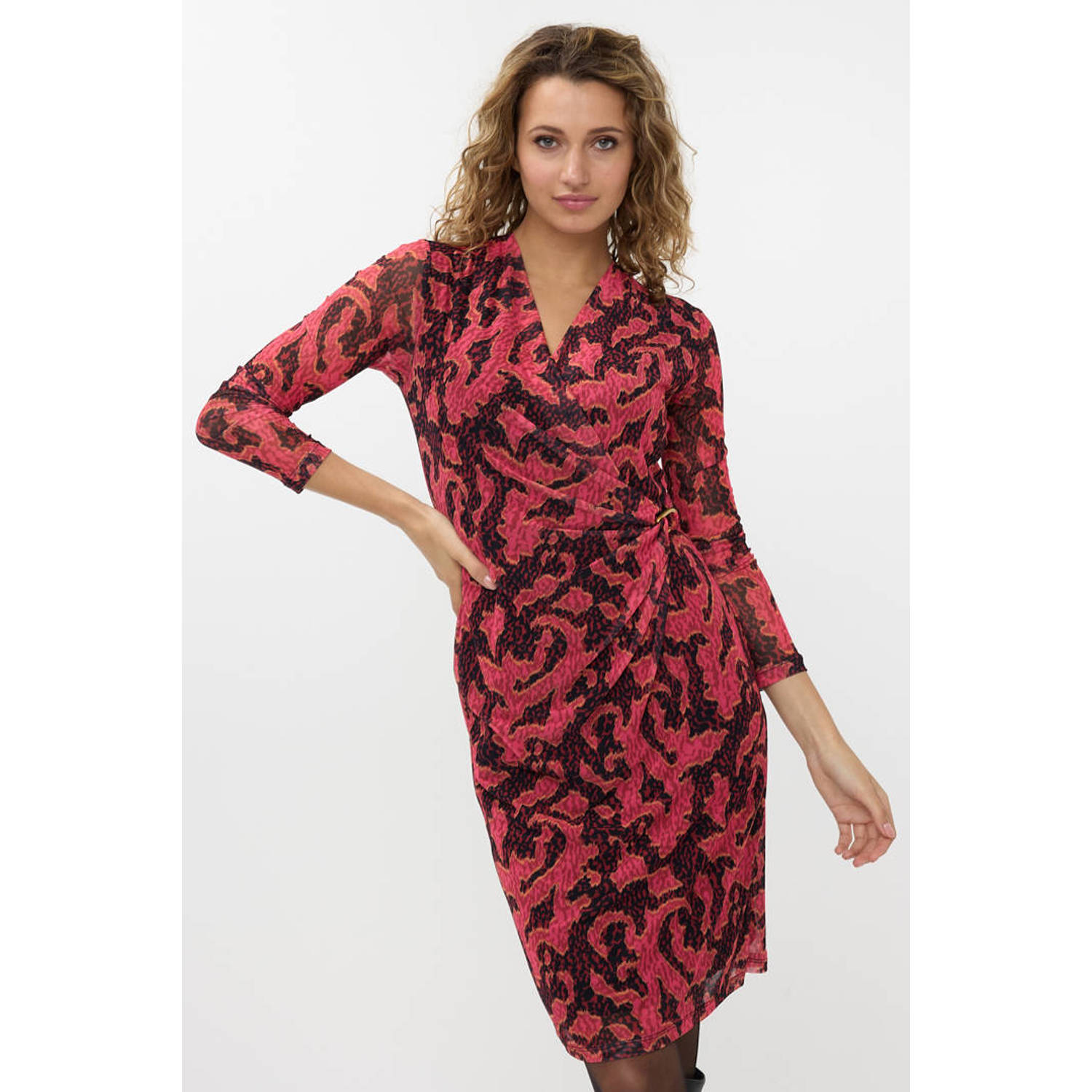 Esqualo overslagjurk met all over print rood zwart
