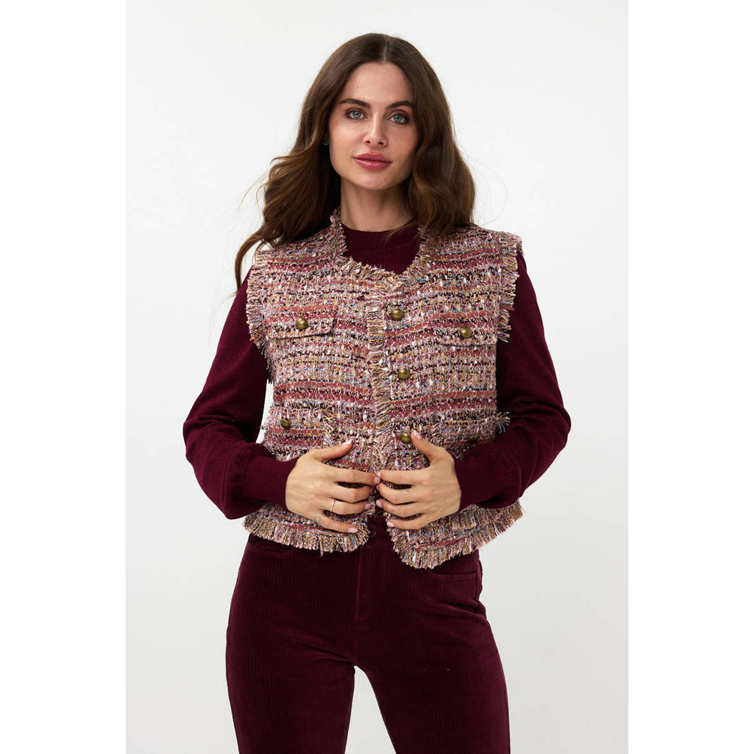 Esqualo Tweed Wine Red Vest Gilet Multicolor Dames