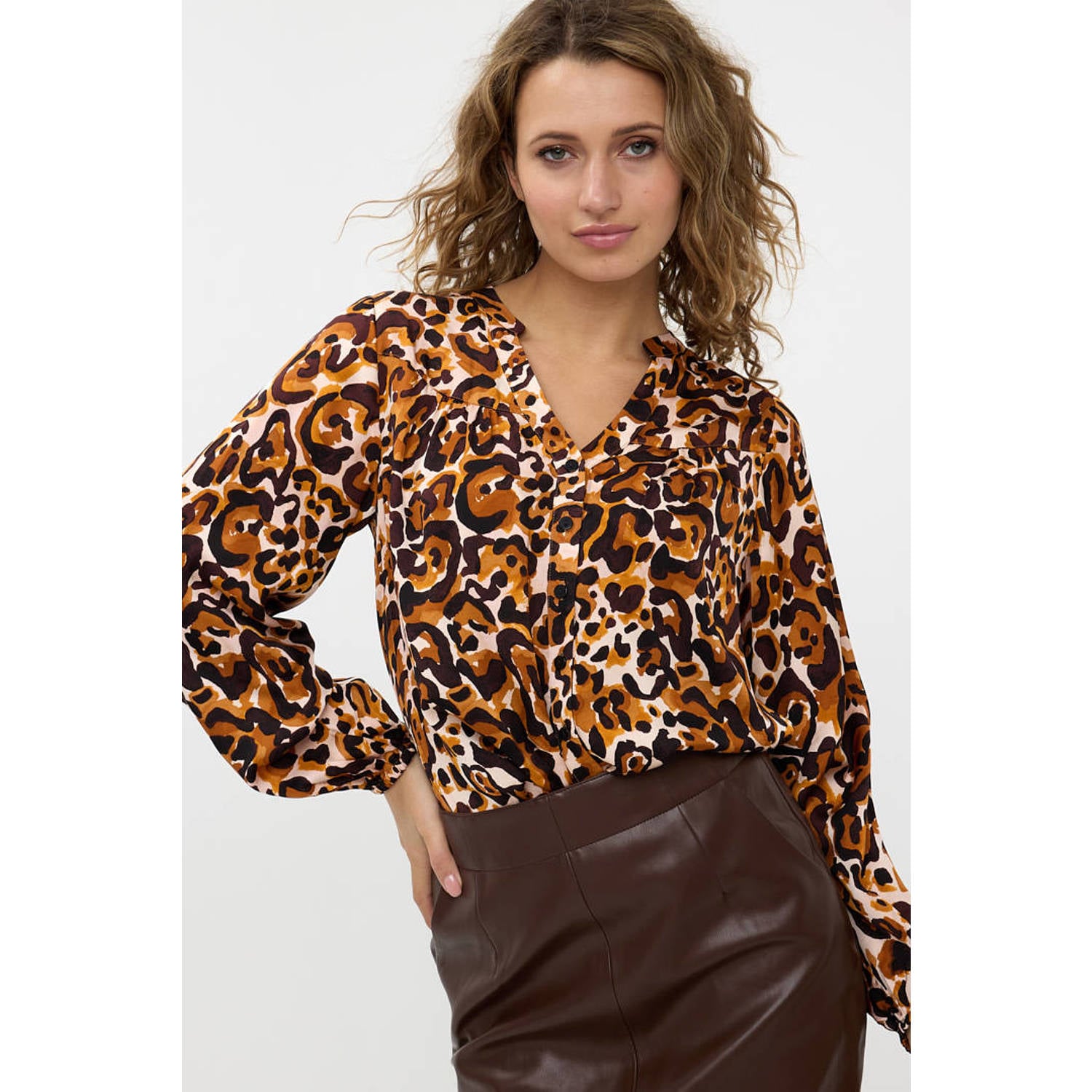 Esqualo blouse met panterprint bruin geel beige