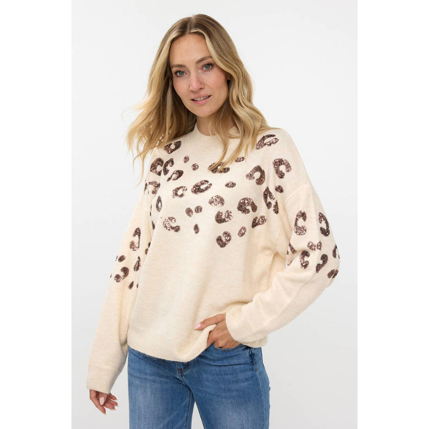 Esqualo Dieren Paillet Pullover Trui Beige Dames