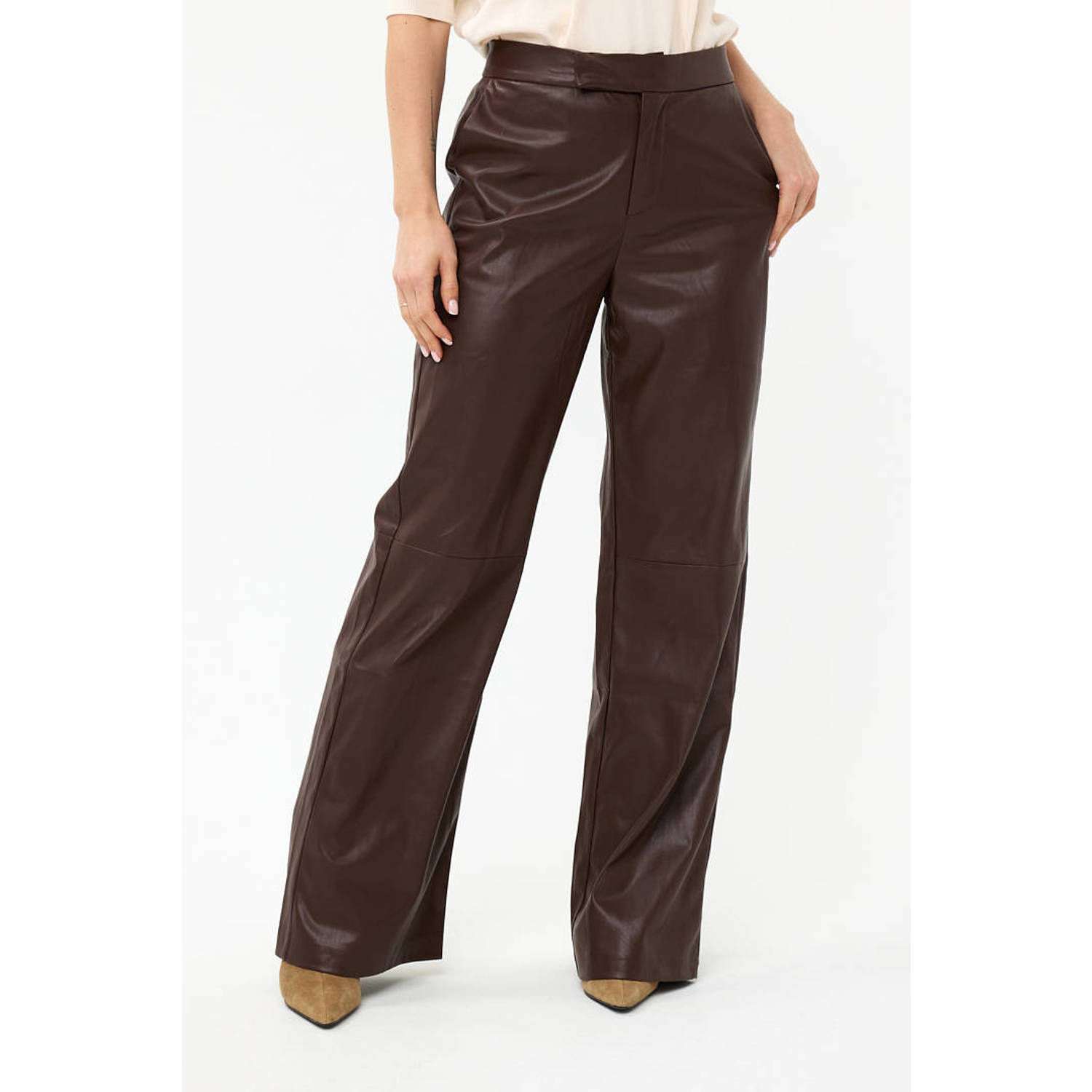 Esqualo imitatieleren wide leg broek donkerbruin