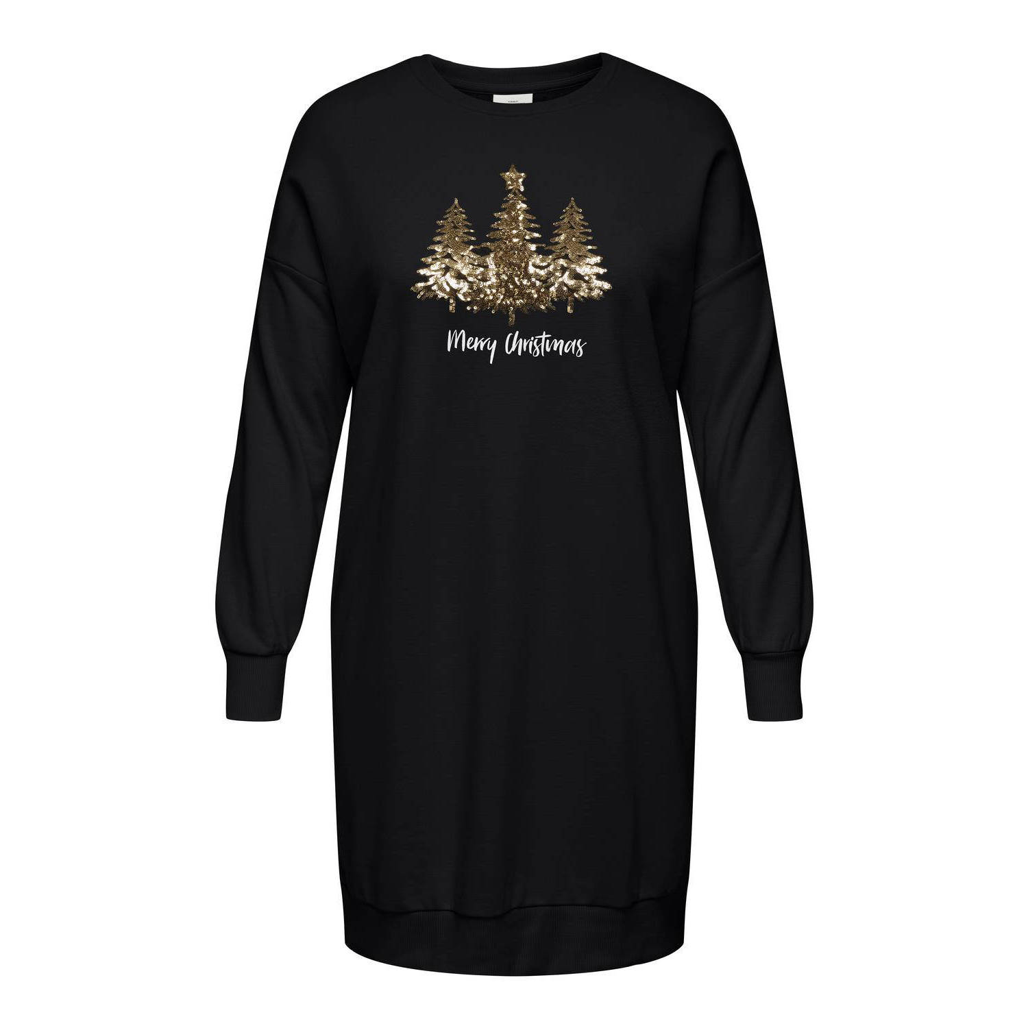 ONLY CARMAKOMA sweatjurk CARXMAS met printopdruk en pailletten zwart goud