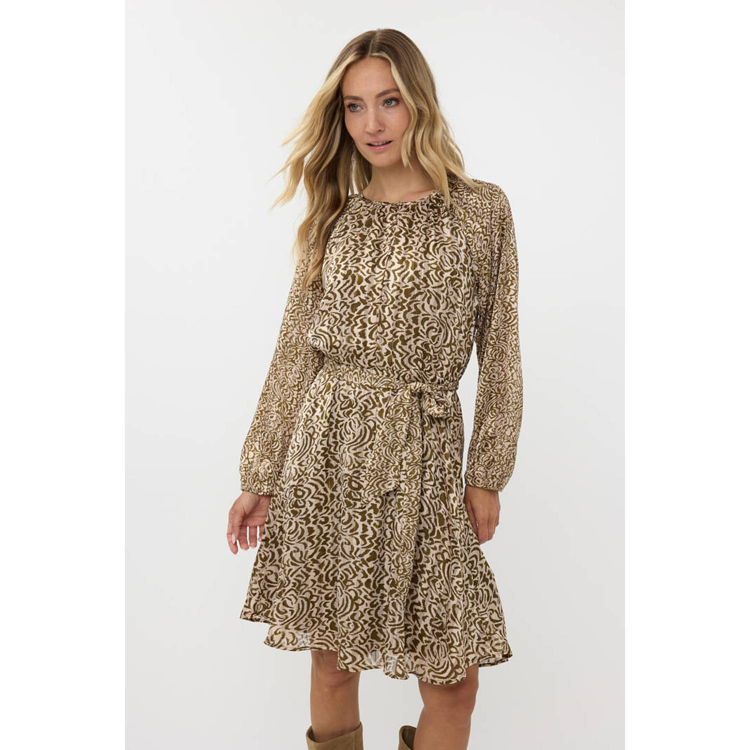 Esqualo jurk met all over print bruin crème
