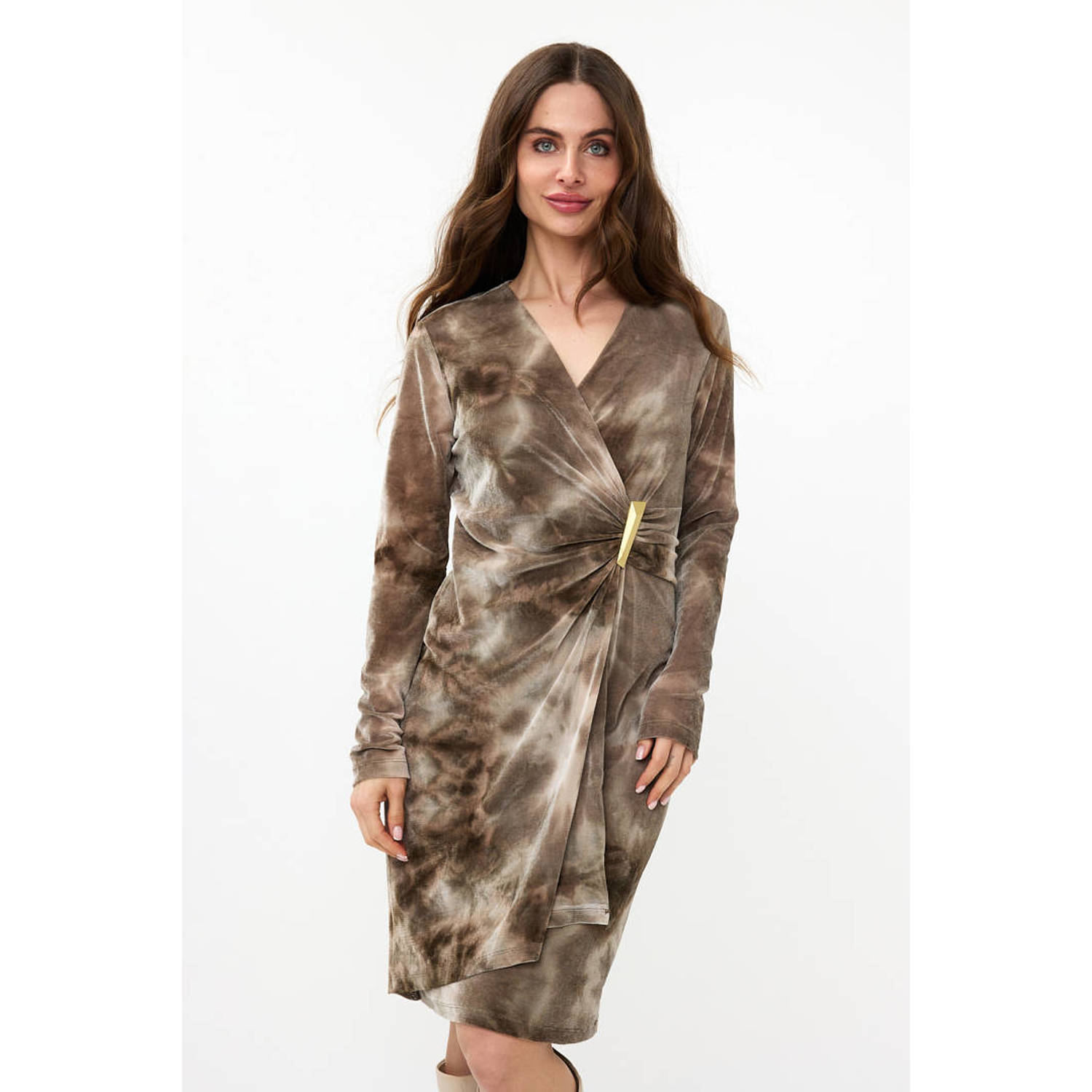 Esqualo jurk met all over print bruin crème