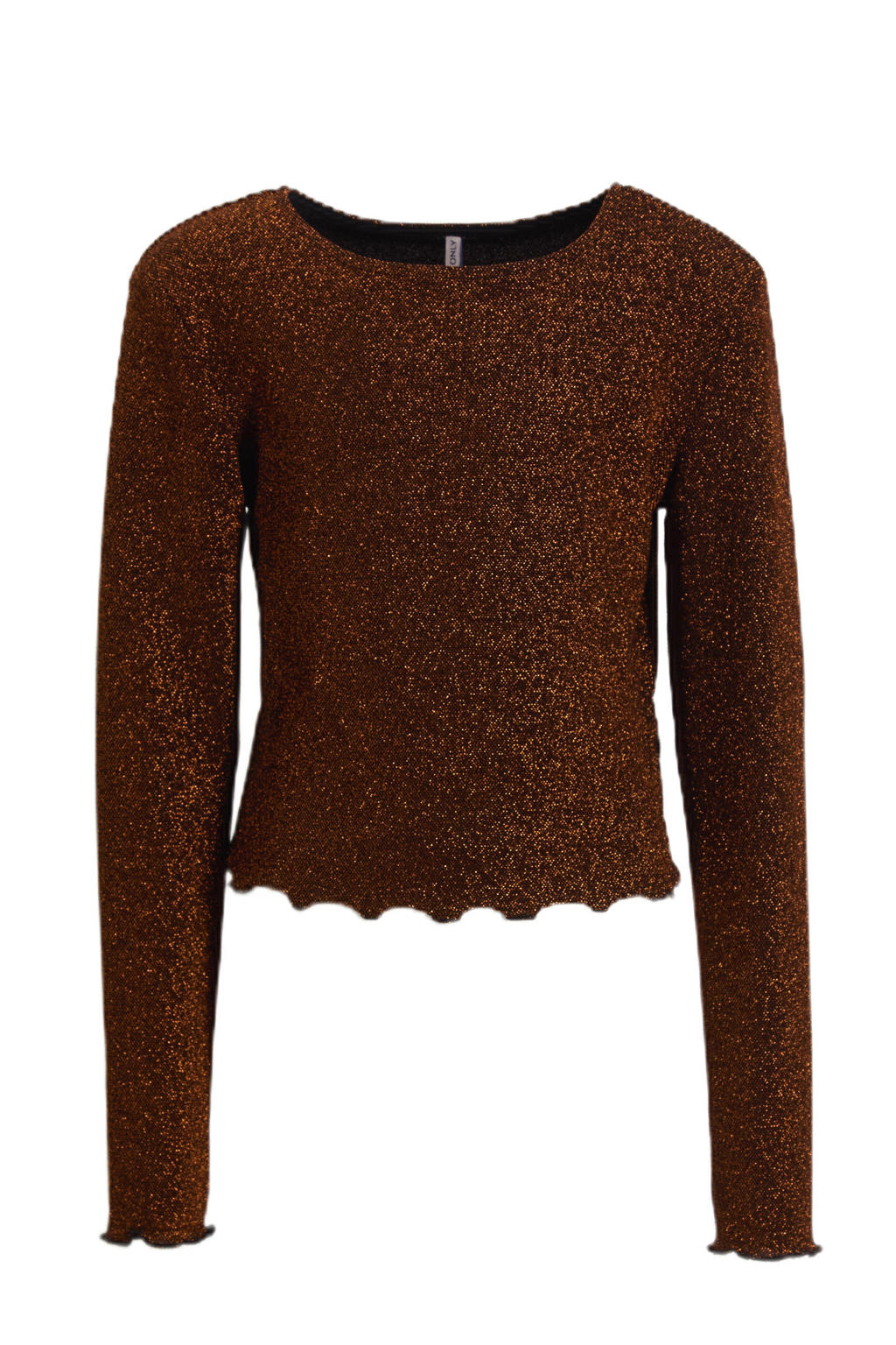 Zwart en bronzen meisjes KIDS ONLY GIRL top van polyamide met effen, lange mouwen, ronde hals en glitters