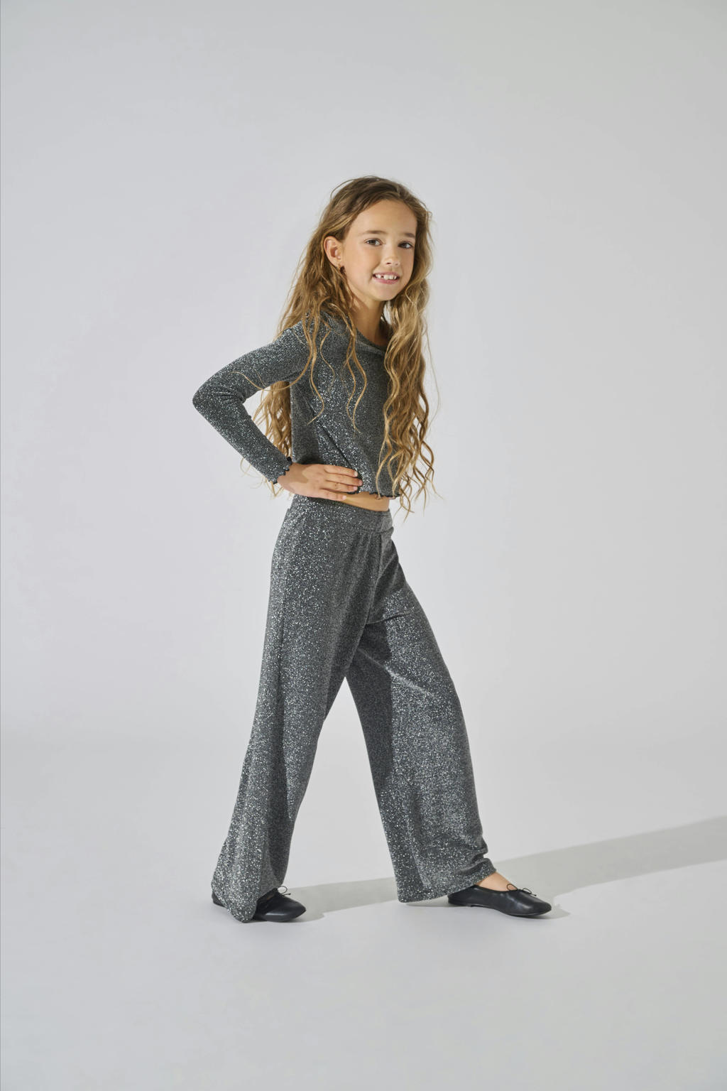 Zwart en zilverkleurige meisjes KIDS ONLY GIRL wide leg broek met effen