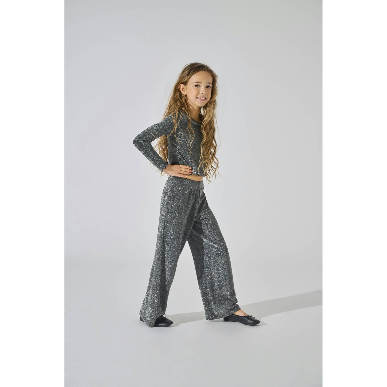 ONLY KIDS GIRL wide leg broek KOGQUEEN zwart zilver